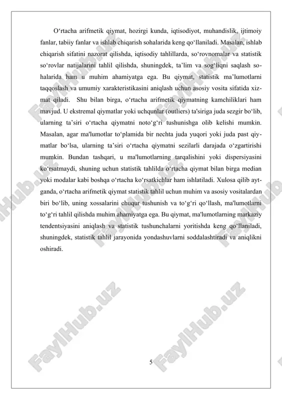 uda katta ta'sir ko‘rsatishi mumkin. masalan, yuqoridagi sinfda bir o‘quvchi 100 ball olgan bo‘lsa, bu o‘rtacha qiymatni sezilarli darajada oshiradi, bu esa ma'lumotlarning haqiqiy markaziy tendentsiyasini noto‘g‘ri aks ettirishi mumkin. shuningdek, o‘rtacha qiymat, ma'lumotlarning tarqalishini yoki dispersiyasini ko‘rsatmaydi, shuning uchun tarqalishni aniqlash uchun median, moda yoki dispersiya kabi boshqa statistik ko‘rsatkichlar bilan ham ishlatiladi. oʻrtacha arifmetik qiymatning xossalarini to‘g‘ri tushunish va uni statistik tahlilga to‘g‘ri qo‘llash uchun, uning hisoblash usuli va ta'sir qiluvchi omillarni bilish muhimdir. u ishlab chiqarish sifatini nazorat qilishda, iqtisodiy tahlillarda, ijtimoiy fanlarda va tabiiy fanlarda keng qo‘llaniladi. masalan, iqtisodiyotda o‘rtacha daromad, ishlab chiqarishdagi o‘rtacha ishlab chiqarish hajmi yoki o‘rtacha yosh statistik xarakteristikalar sifatida ishlatiladi. xulosa qilib aytganda, o‘rtacha arifmetik qiymat statistik analizning asosiy vositalaridan biri bo‘lib, uning xossalarini chuqur tushunish va to‘g‘ri qo‘llash ma'lumotlar to‘plamini to‘g‘ri tahlil qilish uchun muhimdir. u ma'lumotlarning markaziy tendentsiyasini aniqlashda yordam berib, statistik tushunchalarni yoritishda keng qo‘llaniladi. biroq, ekstremal qiymatlar va …