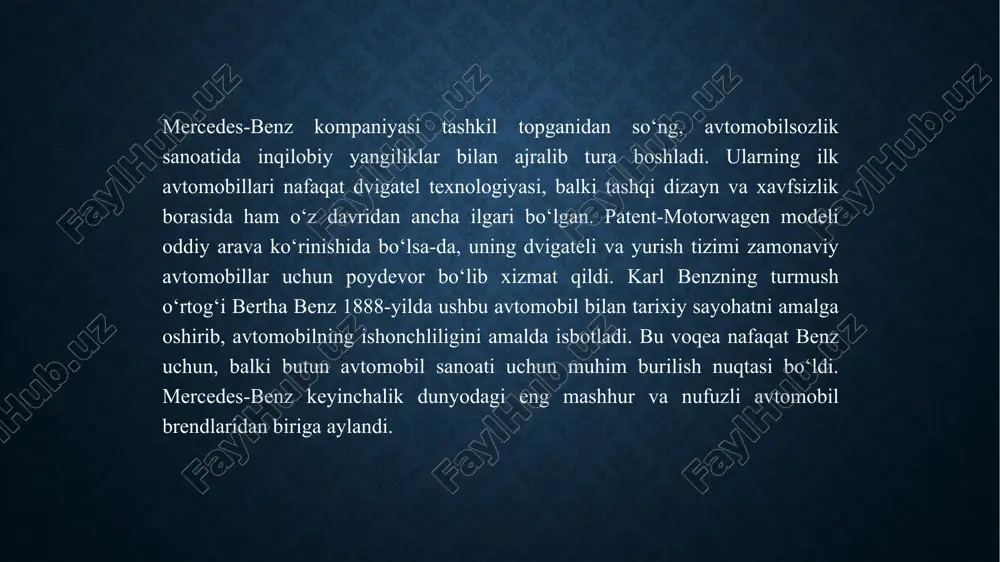 alanuvchilarga avtomobillarini mobil qurilmalari orqali boshqarish imkoniyatini yaratishda davom etadi. brendning istiqbollari orasida yana bir muhim yo‘nalish – barqaror energiya manbalarini ishlab chiqish va avtomobillarni qayta ishlash jarayonlarini optimallashtirish. mercedes-benz o‘z avtomobillarida ishlatiladigan materiallarni qayta ishlash va ularni ekologik jihatdan samarali tarzda ishlab chiqarish bo‘yicha yangi loyihalarni amalga oshirishni davom ettiradi. bundan tashqari, mercedes-benz kelajakda yangi mobilite tizimlarini yaratishga intiladi, masalan, shaharlar uchun aqlli transport tizimlarini ishlab chiqish va ularga integratsiya qilish. bu tizimlar yordamida kompaniya shaharlar uchun ilg‘or va barqaror transport echimlarini taklif etadi. mercedes-benzning kelajagi, avtonom, elektr va aqlli transportni rivojlantirishga bo‘lgan intilishi bilan ajralib turadi. etiboringiz uchun rahmat! image2.jpeg image3.jpeg image4.jpeg image5.jpeg