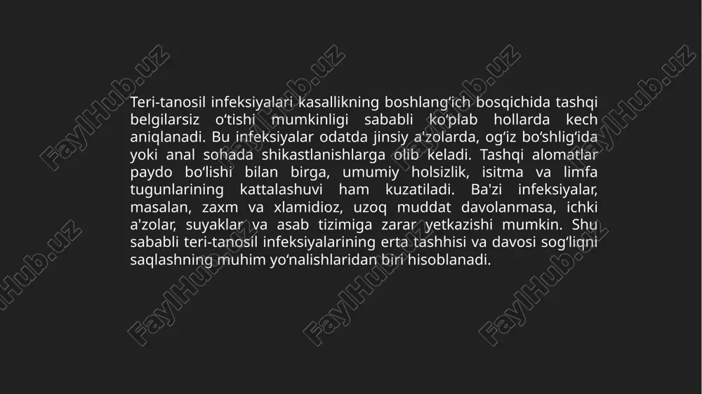 infeksiyalarini tashxislashda, shuningdek, bemorning klinik holati va mikrobiologik natijalar asosida to‘g‘ri davolash usulini tanlash juda muhim. tashxis qo‘yilgach, infeksiyaning turi va kengayishiga qarab kerakli davolash boshlanadi. etiboringiz uchun rahmat! image2.jpeg image3.jpeg image4.jpeg image5.jpeg