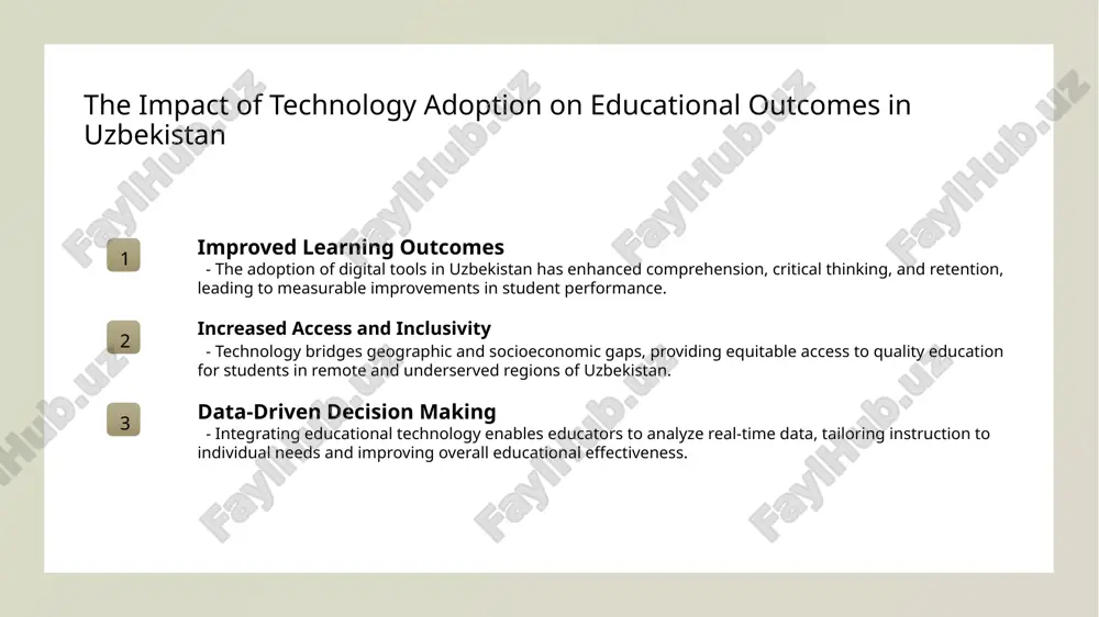 nment. 3 promoting critical thinking - digital literacy emphasizes evaluating sources, recognizing misinformation, and ethical online behavior, which are essential for responsible participation in modern learning contexts. the role of e-learning platforms in bridging educational gaps in uzbekistan expanding access to education e-learning platforms provide flexible, remote access to quality education, especially benefitting students in uzbekistan’s remote or underserved regions. bridging educational gaps digital platforms offer diverse resources, enabling students from various backgrounds to access consistent learning materials, reducing disparities. supporting lifelong learning e-learning fosters continuous skill development and lifelong learning, helping uzbekistan’s population adapt to evolving technological and economic needs. promoting inclusive education in uzbekistan through digital technologies and innovative solutions 01 digital accessibility for all implementing online platforms and adaptive technologies ensures students with disabilities access quality education, promoting inclusivity across uzbekistan. 02 innovative learning tools utilizing ai-driven apps and interactive content caters to diverse learning styles, helping …