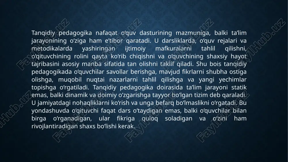 siga asoslanadi. inklyuziv yondashuv jamiyatdagi har xil guruhlarning, ayniqsa, chetlab o‘tilgan yoki kamsitilgan qatlamlarning imkoniyatlarini kengaytiradi. bu nogironligi bor shaxslar, milliy ozchiliklar, til jihatdan farq qiluvchi insonlar, ayollar, qashshoqlikda yashovchilar yoki boshqa sabab bilan marginal holatda bo‘lgan shaxslarni ham o‘z ichiga oladi. tenglik va inklyuziya targ‘iboti nafaqat rasmiy siyosat darajasida, balki ijtimoiy ong, madaniyat va kundalik amaliyotlar orqali amalga oshirilishi kerak. bu yo‘lda maktablar, universitetlar, oav, ijtimoiy tarmoqlar va fuqarolik jamiyati tashkilotlari muhim rol o‘ynaydi. masalan, ta’lim muassasalarida barcha o‘quvchilarga bir xil sharoitlar yaratish, darslik va materiallarda madaniy xilma-xillikni e’tirof etish, nogironligi bor bolalar uchun qulay muhit yaratish inklyuziv yondashuvning amaliy ko‘rinishidir. tenglik va inklyuziya jamiyatda ijtimoiy birdamlikni kuchaytiradi, diskriminatsiya va chetlanishni kamaytiradi, har bir fuqaroning o‘z salohiyatini yuzaga chiqarishiga yordam beradi. bunday muhitda har kim o‘z fikrini ochiq ifoda eta oladi, o‘z huquqlarini himoya qilishga jur’at topadi va jamiyat taraqqiyotiga hissa qo‘shadi. tenglik va inklyuziya jamiyat taraqqiyoti uchun asosiy …
