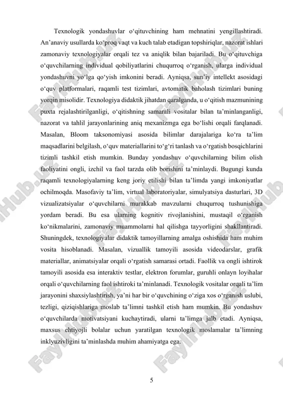 v yordamida darsliklar, qo‘llanmalar, yozma topshiriqlar paydo bo‘lib, o‘quv jarayoni ancha tizimlashtirilgan holga keldi. shu bosqichda ta’limda tizimlilik, rejalilik, mazmun va shakl uyg‘unligi yuzaga chiqdi. vaqt o‘tishi bilan o‘qituvchilar ko‘rgazmali vositalardan foydalanishni boshladilar. haritalar, chizmalar, modellar va rasmlar orqali mavzularni tushuntirish darsning samaradorligini oshirdi. bu jarayonda o‘quvchining tasavvur qilish va obrazli fikrlash qobiliyati rivojlandi. ta’lim jarayoni ko‘z bilan ko‘rish, eshitish orqali mustahkamlanib borar edi. aynan shu davrda vizuallik va faollik tamoyillari yuzaga chiqdi. keyinchalik ta’lim jarayoniga texnik vositalar — kinoproektorlar, radio, televizor, ovoz yozish qurilmalari kiritildi. bu vositalar yordamida o‘quvchilar uchun ta’lim jarayoni yanada ta’sirchan va qiziqarli tus oldi. ular mavzuni to‘liq anglashda, real hayotdagi hodisalarni ko‘z oldiga keltirishda yordam berdi. aynan shu texnologiyalar yordamida ko‘rgazmali va audiovizual o‘qitish usullari shakllandi. o‘qituvchi bilim berishda vositachi emas, balki tashkilotchiga aylandi. yana bir muhim bosqich bu programmalashtirilgan o‘qitish texnologiyalarining joriy etilishi bo‘ldi. bu yondashuvda o‘quv materiallari kichik bo‘laklarga ajratiladi, har bir bosqichda …