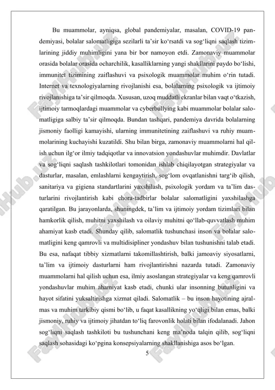 ar bir qismi umumiy sog‘liqqa ta’sir ko‘rsatadi. shu bois, bu yondashuvda davolashda ham, oldini olishda ham turli xil omillar – ovqatlanish, hayot tarzi, ruhiy holat va hatto atrof-muhit inobatga olinadi. shuningdek, ekologik konsepsiya ham mavjud bo‘lib, bu salomatlikni inson va uning yashash muhiti o‘rtasidagi muvozanatga bog‘laydi. tabiiy muhitdagi o‘zgarishlar, ekologik xavfsizlik, toza suv va havoning mavjudligi inson sog‘lig‘iga bevosita ta’sir ko‘rsatadi. shu sababli, ekologik yondashuvda sog‘liq faqat individual holat emas, balki jamiyat va muhit bilan bog‘liq bo‘lgan omillar yig‘indisidir. bir yondashuv salomatlikni yuksaltirish uchun psixologik jihatlarga alohida e’tibor qaratadi. psixologik salomatlik, insonning o‘zini qanday his qilishi, stressni qanday boshqarishi va umumiy ruhiy holati bilan bog‘liq. bunday yondashuvda psixologik farovonlik ham sog‘liqni saqlashning ajralmas bir qismi sifatida qaraladi. insonning ruhiy salomatligi uning ijtimoiy muhitidagi o‘zaro aloqalarga, stressga va boshqa hissiy holatlarning boshqarilishiga bog‘liq. ii. bolalar salomatligining hozirgi muammolari va ularni hal qilish bolalar salomatligi zamonaviy jamiyatlar uchun muhim qadriyat bo‘lib, uning …