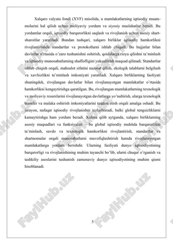 ‘sishni rag‘batlantiradi hamda rivojlanayotgan mamlakatlarning texnologik integratsiyasini tezlashtiradi. bundan tashqari, xalqaro birliklar va tashkilotlar o‘rtasida hamkorlik mexanizmlari, masalan, shartnomalar va protokollar, qo‘shma loyiha va dasturlar orqali amalga oshiriladi. bu jarayonlar orqali, davlatlar va tashkilotlar o‘rtasida tajriba almashish, bilim va texnologiya transferi amalga oshiriladi, shuningdek, muammolarni birgalikda hal qilish imkoniyatlari yaratiladi. masalan, jahon savdo tashkiloti (jst) va xalqaro valyuta fondi (xvf) iqtisodiy siyosatlarni muvofiqlashtirish va muammolarni hal etishda o‘zaro hamkorlikni taqdim etadi. bu hamkorliklar global iqtisodiy muhitni stabilizatsiya qilish va rivojlantirishda muhim rol o‘ynaydi. shuningdek, standartlar va hamkorlik mexanizmlari orqali xavf-xatarlarga oldindan chora ko‘rish imkoniyati yaratiladi. muayyan xavf-xatarlar yoki muammolar yuzaga kelganda, xalqaro tashkilotlar va davlatlar o‘rtasida tezkor aloqa va muvofiqlashtirilgan chora-tadbirlar amalga oshiriladi. bu, o‘z navbatida, global iqtisodiyotning barqarorligini saqlashga yordam beradi va keng ko‘lamdagi iqtisodiy inqirozlar yoki favqulodda vaziyatlarni bartaraf etishda muhim. xulosa qilib aytganda, tashkilotlar orasidagi hamkorlik va standartlar muhimligi, xalqaro iqtisodiy aloqalarni rivojlantirish va ularni barqaror qilish …