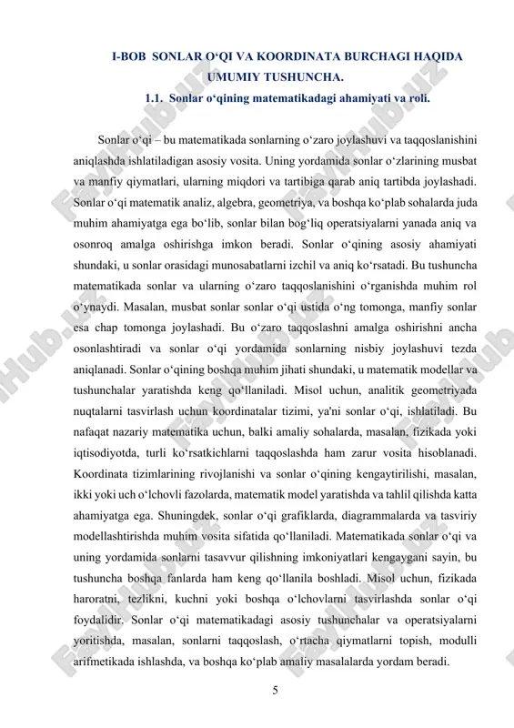 tikadagi roli juda katta bo‘lib, u nafaqat o‘qitishda, balki real hayotdagi masalalarni hal qilishda ham keng qo‘llaniladi. sonlar o‘qi matematikada muhim ahamiyatga ega, chunki u sonlarning o‘zaro munosabatlarini tasvirlashda asosiy vosita hisoblanadi. sonlar o‘qi yordamida sonlarning joylashuvi, ularning kattaligi va biri-biriga nisbatan o‘rnini aniqlash mumkin. bu o‘q nafaqat arifmetik masalalarda, balki algebraik va geometrik masalalarda ham keng qo‘llaniladi. sonlar o‘qi orqali sonlarning bir-biriga nisbatan joylashuvi ko‘rsatiladi. masalan, musbat sonlar o‘qning o‘ng tomonida, salbiy sonlar esa chap tomonida joylashadi. nol nuqtasi bu ikki guruhning chegarasini belgilaydi. bu yerda sonlarning o‘zaro kattaligini aniqlash osonlashadi: musbat sonlar kattalashgani sayin o‘qning o‘ng tomoniga, salbiy sonlar esa chap tomoniga siljiydi. sonlar o‘qi, shuningdek, arifmetik amallarni, masalan, qo‘shish va ayirishni osonlashtiradi. qo‘shish va ayirish operatsiyalarini amalga oshirishda sonlar o‘qi bo‘yicha sonlarning joylashuvini hisobga olish kerak. sonlar o‘qi yordamida sonlar orasidagi masofa yoki farqni aniqlash juda oson bo‘ladi. algebraik masalalarda sonlar o‘qi katta rol o‘ynaydi. tenglamalar yoki …