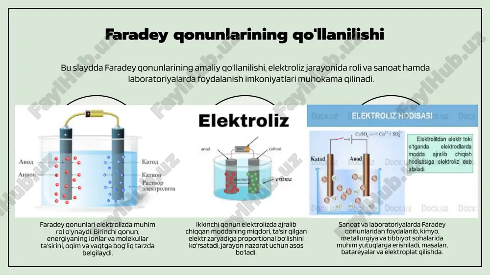 o‘lchov usullari. tashkent: o‘zbekiston fanlar akademiyasi, 2017. 4. yusupov, d. elektroliz texnologiyalari va kelajak istiqbollari. elektronika va ma'lumot texnologiyalari ilmiy-jurnali, 2020. 5. qodiriy, a. elektromagnit jarayonlar va ularning amaliy qo’llanilishi. toshkent: fan va texnika nashriyoti, 2016. e'tiboringiz uchun rahmat! image1.png image18.jpeg image12.png image13.png image14.png image15.png image19.jpeg image20.jpeg image21.jpeg image3.png image4.png image5.png image6.png image22.png image7.png image23.jpg image24.jpeg image2.png image25.jpeg image26.jpeg image10.png image27.jpeg image16.png image17.png