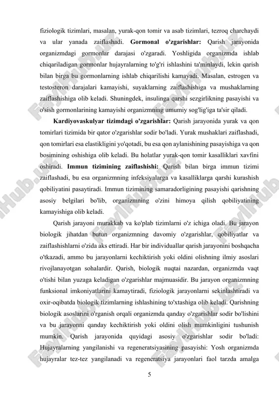 sayishiga olib keladi. yosh organizmda dnaning tiklanish jarayonlari samarali amalga oshadi, ammo qarish bilan bu imkoniyatlar cheklanadi. antioxidant tizimining zaiflashishi: antioksidantlar organizmda erkin radikallarni neytrallashtiradigan va ularning zararli ta'siridan himoya qiladigan moddalardir. qarish jarayonida antioksidantlar faoliyatining susayishi, hujayralarning erkin radikallardan zarar ko'rishiga olib keladi. bu esa hujayralarning o'zini tiklash va himoya qilish imkoniyatlarini kamaytiradi, natijada qarish tezlashadi. mitoxondriya disfunktsiyasi: mitoxondriya – bu hujayralarning energiya ishlab chiqaruvchi organellalari bo'lib, ularning faoliyati qarish jarayonida pasayadi. mitoxondriya faoliyatining susayishi, hujayralarda energiya ishlab chiqarishni kamaytiradi, bu esa organizmning energiya darajasining pasayishiga olib keladi. natijada, turli tizimlar, masalan, yurak-qon tomir va asab tizimlari, tezroq charchaydi. gormonal o'zgarishlar: qarish jarayonida organizmdagi gormonlar darajasi pasayadi. yosh organizmda ishlab chiqariladigan gormonlar hujayralarning to'g'ri ishlashini ta'minlaydi, ammo qarish bilan ular kamayadi. estrogen va testosteron kabi gormonlarning pasayishi, suyaklarning zaiflashishiga va mushaklarning kuchsizlanishiga olib keladi. bu holatning davomida organizmning biologik tizimlari ko'proq zaiflashadi. immun tizimining zaiflashishi: qarish jarayonida immun tizimi …