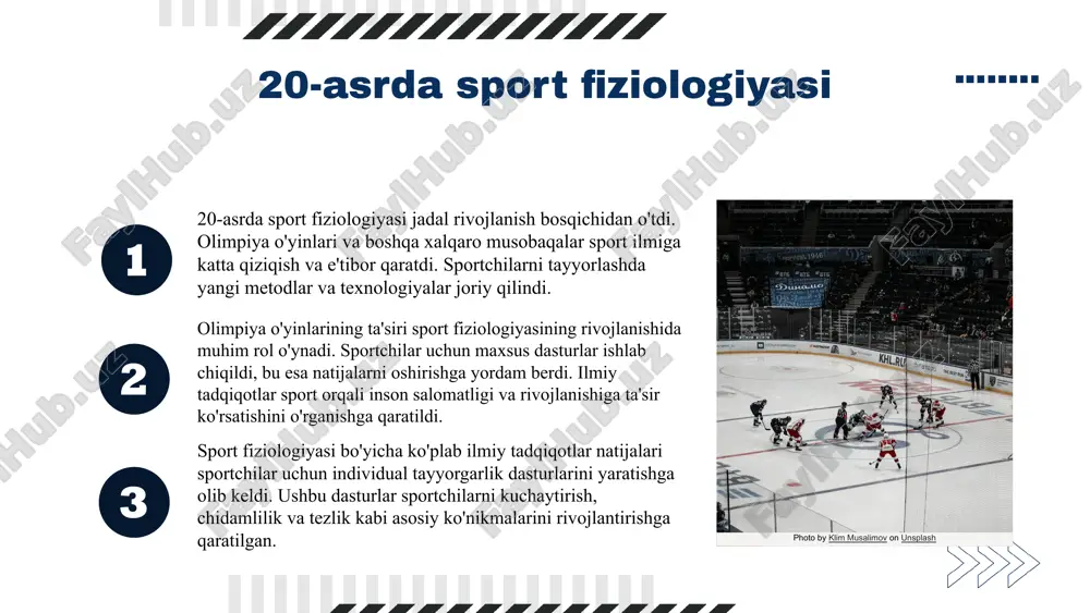 ogiya yordamida jarayonlarni tezlashtirish, natijalarni aniqlik bilan tahlil qilish va sportchilarning individual xususiyatlarini hisobga olish mumkin. shuningdek, sun'iy intellekt sportchilar uchun shaxsiy tayyorgarlik rejalarini yaratishga yordam beradi. xalqaro hamkorlik sport fiziologiyasida xalqaro hamkorliklar orqali yangi metodlar va tadqiqotlar amalga oshirilmoqda, bu esa sportchilar samaradorligini oshiradi. resurslar cheklanganligi ba'zi mamlakatlarda sport fiziologiyasi tadqiqotlari uchun zarur resurslar yetarli emas, bu rivojlanishni sekinlashtiradi. yangi texnologiyalar yangi texnologiyalar, masalan, biofeedback va wearables, sport fiziologiyasini rivojlantirish imkonini beradi va sportchilarni yaxshiroq nazorat qilishga yordam beradi. tadqiqotlar kamligi sport fiziologiyasi sohasida ko'plab tadqiqotlar mavjud emas, bu esa nazariyalar va amaliyotlar o'rtasida muvofiqlikni qiyinlashtiradi. s o t w xulosa va natijalar sport fiziologiyasi antik davrlardan boshlangan va ilmiy tadqiqotlar orqali rivojlanmoqda. keyingi rivojlanishlar 20-asrda olimpiya o'yinlari sport fiziologiyasini yuksaltirdi. kelajak istiqbollari sportchilarga individual yondashuvlar taqdim etish muhim ahamiyatga ega. xulosa foydalanilgan adabiyotlar 1. raxmonov, a. m. sport fiziologiyasining tarixi: antik davrdan 21-asrgacha. o'zbekiston milliy universiteti, 2020 2. …