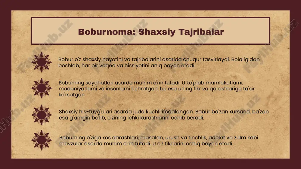 asari zahiriddin muhammad bobur tomonidan yozilgan. u o'zining hayoti, faoliyati, va davrining muhim voqealarini o'z ichiga oladi. asar, shuningdek, uning shaxsiy tajribalarini ham aks ettiradi. boburning shaxsiy tajribalari va tarixiy voqealar, uning xarakterini shakllantirishda muhim rol o'ynagan. bu voqealar, uning dastlabki yillarida, o'zining o'zgaruvchan muhitida qanday o'sganini ko'rsatadi. boburnoma o'zbek tarixi va madaniyatiga salmoqli ta'sir ko'rsatdi. u o'z zamonining adabiyati va madaniyati uchun asos bo'lib xizmat qildi. bugungi kunda boburnoma ilmiy tadqiqotlar uchun muhim manba sifatida e'tirof etilmoqda. asarning zamonaviy davrdagi ta'siri va ahamiyati, uni o'rganishning ahamiyatini oshiradi. foydalanilgan adabiyotlar 1. abdullaev, a. boburnoma: asarning tarixi va mazmuni. o'zbekiston milliy universiteti, 2020 2. jumaniyazov, t. bobur va uning davri: tarixiy ahmiyati. sharq yozuvlari, 2019 3. murodov, a. boburnoma: madaniyat va san'atga ta'siri. o'zbek adabiyoti va madaniyati, 2021 4. rasulov, z. boburnoma: tarixiy voqealar va shaxsiy tajribalar. o'zbekiston tarixi, 2022 5. toshpulatov, b. bobur va o'zbek tarixiga ta'siri. o'zbekiston davlat universiteti, …