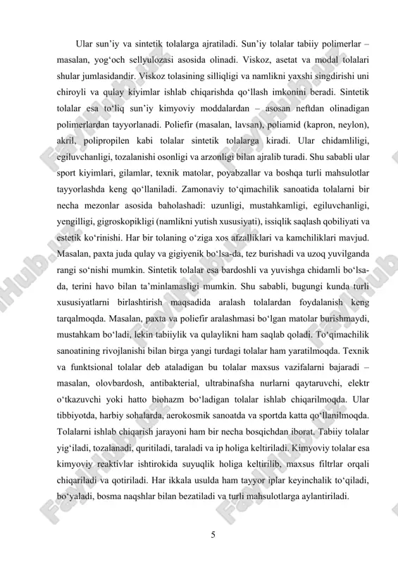 ari, sport asbob-uskunalari, sanoat filtrlar va hatto kosmik kapsulalarning ichki qismlarida ham to‘qimachilik tolalari qo‘llaniladi. demak, ularning sifati, tarkibi va xossalari har bir mahsulotning qulayligi, mustahkamligi va uzoq muddatli xizmat qilishida bevosita ta’sir ko‘rsatadi. shuningdek, ekologik barqarorlik va qayta tiklanadigan manbalarga e’tibor oshgani sari, to‘qimachilik sohasida ham ekologik toza, biologik parchalanadigan tolalarga qiziqish ortmoqda. bambuk, kenevir, evkalipt kabi o‘simliklardan olinadigan tolalar ekologik muvozanatni saqlashga yordam beradi. bu esa sanoatni yanada barqaror va sog‘lom yo‘lga boshlaydi. to‘qimachilik tolalari faqatgina mato tayyorlash bilan cheklanmay, balki jamiyatning har xil ehtiyojlariga xizmat qiladigan ko‘p tarmoqli sohaga aylangan. har bir turdagi tola o‘ziga xos biologik, fizik-kimyoviy xususiyatlarga ega bo‘lib, ular matoning qanchalik mustahkam, yumshoq, og‘ir yoki engil bo‘lishini belgilaydi. masalan, sport kiyimlari uchun ishlab chiqariladigan matolarda havo o‘tkazuvchanlik, elastiklik, terini quruq tutish xususiyatlari muhim bo‘lsa, tibbiyot sohasida ishlatiladigan matolarda esa sterillik, hipoallergenlik va antibakteriallik xususiyatlariga katta e’tibor qaratiladi. bundan tashqari, texnik maqsadlar uchun ishlab chiqariladigan …
