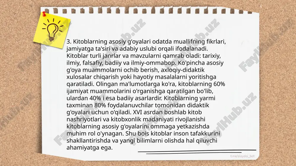 . narmatovning ijodi oʻzbekistonning milliy adabiyoti rivojida muhim rol oʻynagan. uning ijodida milliy qadriyatlar, insoniy tuygʻular va ijtimoiy masalalar keng yoritilgan. narmatov oʻz asarlarida koʻpincha tarixiy voqealar, xalq hayoti va madaniyatini aks ettiradi. uning ijodiyurtushining eng ko'rsatkichli asarlaridan biri "iztirob" romani boʻlib, bu asar oʻzbek adabiyotida muhim oʻrin egallagan. shuningdek, usmon narmatov koʻplab sheʼrlar, dostonlar va hikoyalar muallifi boʻlib, ular oʻzbek kitobxonlari tomonidan sevib oʻqiladi. ... t.me/slaydai_bot kitoblarning janr xususiyatlari turli kategoriyalar orqali aniqlanadi, bu har bir janrning o'ziga xos xususiyatlari va mantiqiy asoslariga bog'liq. estetik, mavzuiy, stilistik va struktura xususiyatlari asosida jami janrlarni farqlash mumkin. badiiy adabiyot janrlari haqida gapirganda, asosiylari qissa, roman, hikoya, drama va esa'dan iborat. ilmiy-ommabop adabiyotda esa ensiklopediya, monografiya, maqola va taqdimotlar muhim rol o'ynaydi. diniy janrlar ko'pincha diniy matnlar va muqaddas kitoblarda topiladi. har bir janr o'zining tili, sarlavhasi, mavzusi va strukturasiga ko'ra aniq aniqlanish imkoniyatini beradi, bu kitobxonlarga turli janrlardagi asarlarni anglash va …