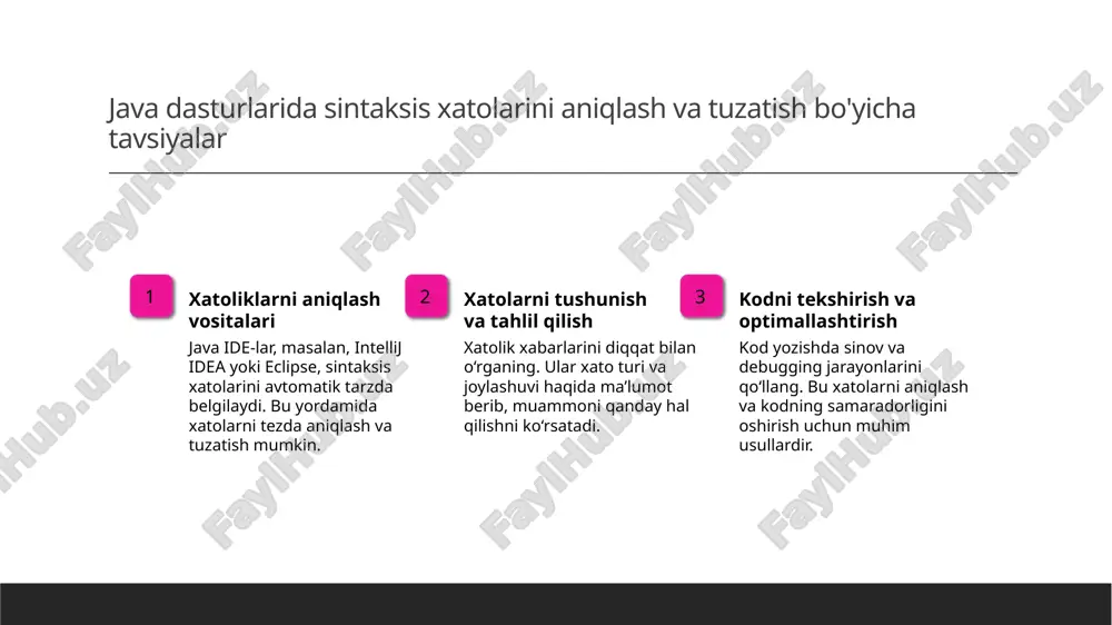 ollar masalan, "hayvon" sinfi va undan "mushuk" yoki "it" sinflarini meros qilib olamiz, bu esa umumiy xususiyatlarni ajratib ko'rsatishga yordam beradi. obyekt-oriented dasturlashda polimorfizm va inkapsulyatsiya tushunchalarining roli 1 polimorfizm tushunchasi - polimorfizm ob'ektlar va metodlar bilan ishlashda turli sinflarga mos kelishi va ularning bir xil nomli metodlar bilan turli natijalar berishini ta'minlaydi. 2 inkapsulyatsiya afzalliklari - inkapsulyatsiya ma'lumotlarni yashirish va kodni xavfsiz qilish imkonini beradi, bu esa dasturiy ta'minotni soddalashtiradi va xatolarni kamaytiradi. 3 obyekt-oriented yondashuv - bu yondashuv yordamida kodlarni modullarga ajratish va takrorlanuvchanlikni oshirish mumkin, bu dasturlash jarayonini samaraliroq va tushunarli qiladi. java dasturlarida obyekt-oriented yondashuv orqali kodni optimallashtirish usullari polimorfizm yordamida kodni soddalashtirish polimorfizm yordamida bir nechta sinflar uchun umumiy interfeys yaratib, kodni qayta ishlash va kengaytirishni osonlashtiramiz, dastur ishlashini optimallashtiramiz. meros olish va kodni qayta ishlatish sinflar orasida meros olish orqali kodni takrorlamasdan, umumiy xususiyatlar va metodlarni ajratamiz, dastur xarajatlarini kamaytiramiz. inkapsulyatsiya bilan xavfsizlik obyektlarning …