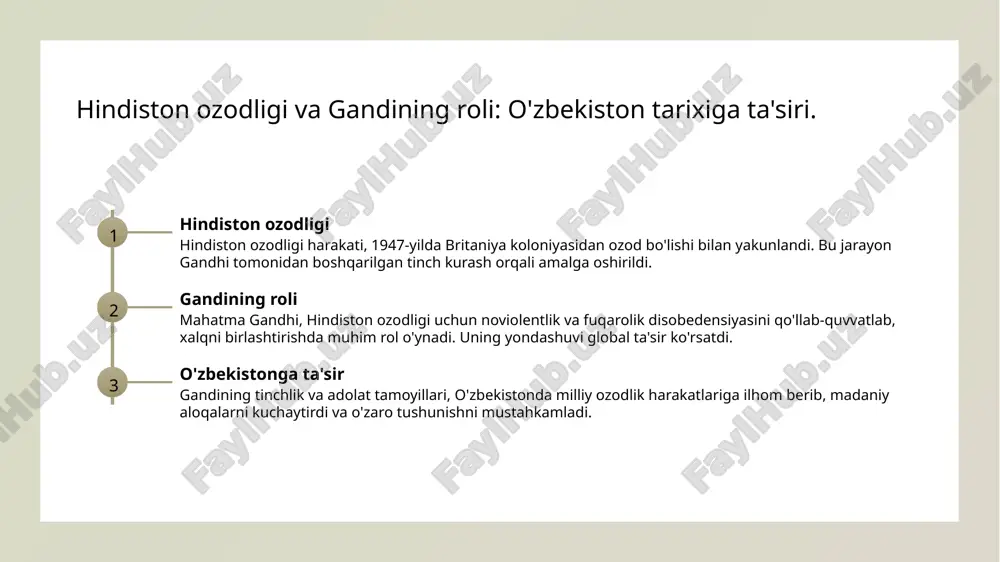 shariy qadriyatlar o'zbekiston madaniyatida umumbashariy qadriyatlar, insof, tenglik va tinchlik kabi tushunchalar muhim o'rin tutadi, bu esa gandining merosiga mos keladi. 02 gandining ta'siri mahatma gandining nonviolence falsafasi, o'zbekistondagi madaniy va ijtimoiy harakatlarga ta'sir ko'rsatgan, tinchlik va adolatni targ'ib etgan. 03 tinchlik va adolat o'zbekistondagi tarixiy jarayonlar, masalan, mustaqillik kurashi, gandining tinchlik va adolat g'oyalarini amalga oshirishda ilhom manbai bo'lgan. 04 madaniy aloqalar o'zbekiston va hindiston o'rtasidagi madaniy aloqalar, gandining merosini saqlash va rivojlantirishda muhim ahamiyatga ega, bu esa global hamkorlikni kuchaytiradi. mahatma gandhi va o'zbekiston: madaniy aloqalar va o'zaro ta'sirlar. gandining ta'siri mahatma gandhi, o'zining tinchlik va adolat tamoyillari bilan, o'zbekistonda fuqarolik huquqlari harakatlariga ilhom bergan. uning merosi zamonaviy kurashlarga ta'sir etdi. madaniy aloqalar o'zbekiston va hindiston o'rtasidagi madaniy aloqalar, gandining qiyofasi orqali yanada rivojlandi. ular o'zaro madaniy almashuv va hamkorliklarni kuchaytirdi. zamonaviy munosabatlar bugungi kunda, o'zbekiston va hindiston o'rtasidagi aloqalar gandining noviolentlik falsafasi asosida davom etmoqda. bu, tinchlik …