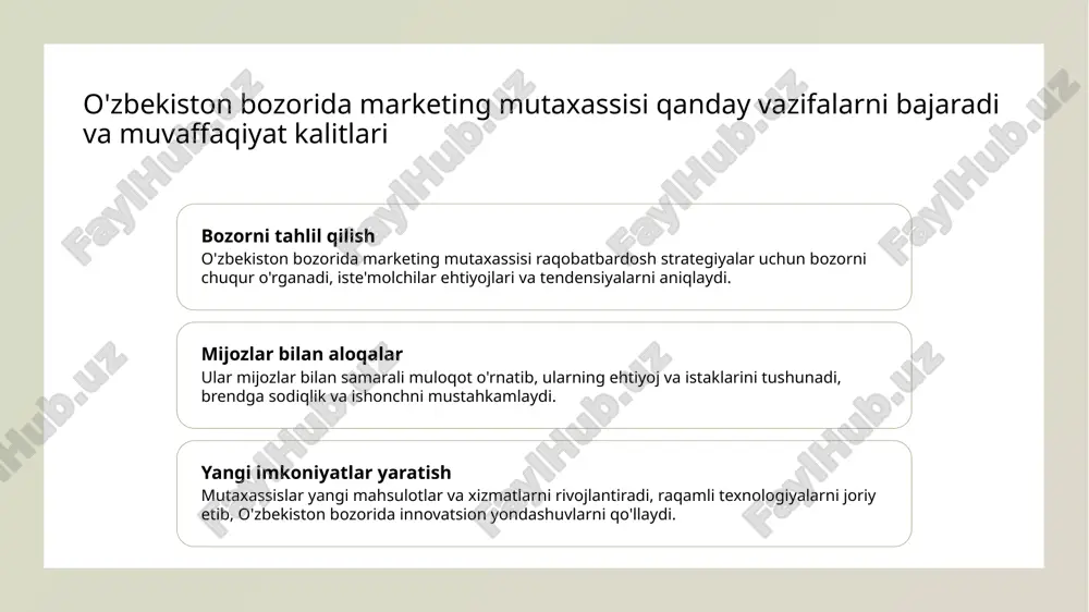 ning hozirgi muammolari, 2020. 4. qodirov, f. marketologning roli va vazifalari. tashkent: marketing va kommunikatsiya, 2019. 5. yusupov, m. o'zbekiston bozorida brend yaratish va rivojlantirish strategiyalari. marketing va menejment, 2023. e'tiboringiz uchun rahmat!