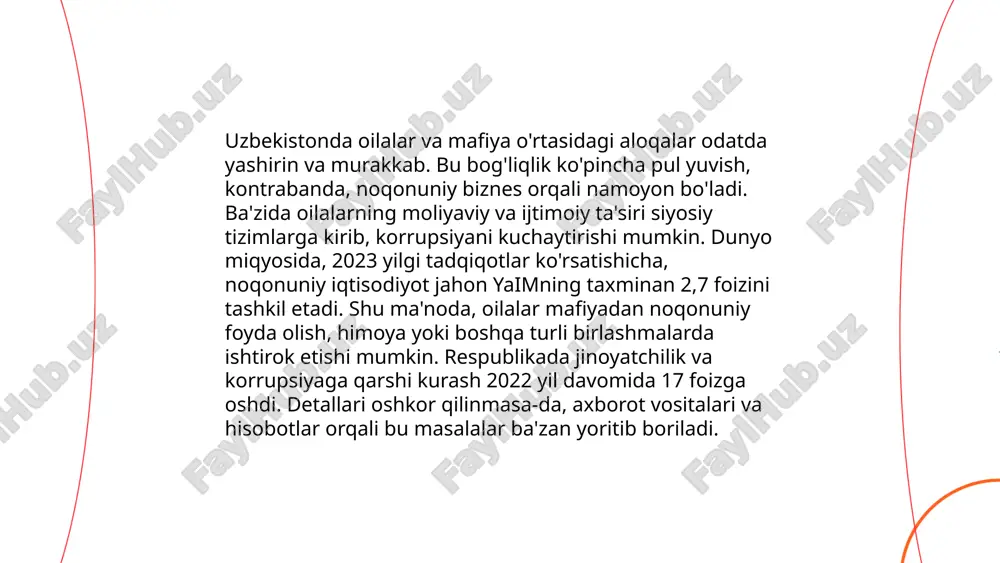 ilarli bo'lgan va iqtisodiy faoliyatdagi korrupsiya darajasining oshishida rol o'ynagan. ... t.me/slaydai_bot 11. sevgi va sadoqat mavzusi o‘zaro ishonch, hurmat va qo‘llab-quvvatlashni o‘z ichiga oladi. sevgi va sadoqat insonlar o‘rtasida mustahkam aloqalar yaratishga yordam beradi. statistik ma'lumotlarga ko‘ra, mustahkam sevgi va sadoqatga ega bo‘lgan oila modelida o‘sayotgan bolalar, boshqa oila modellari bilan solishtirganda, 20% ko‘proq muvaffaqiyatga erishadi. tadqiqotlar shuni ko‘rsatadiki, dunyo bo‘ylab juftliklarning taxminan 48% ishonch va sadoqat muammolari tufayli ajraladi. sevgi va sadoqat bilan tarbiyalangan munosabatlar inson salomatligiga ham ijobiy ta’sir ko‘rsatadi. masalan, kuchli emotsional aloqaga ega bo‘lgan kishilar yurak-qon tomir kasalliklariga chalinish xavfini 30% gacha kamaytirishi mumkin. shu sababli sevgi va sadoqat inson hayotida muhim ahamiyat kasb etadi. ... t.me/slaydai_bot "12. siciliya an'analari" mavzusi 1965-yil moskvalik yozuvchi leonid solovyovning "xoja nasriddin" asarining o'zbek tilidagi tarjimasida joylashgan. bu asar o'rta osiyo va sharqiy an'analarni aks ettirib, adolat va haqiqatni izlash mavzularini yoritadi. sikiliya tarixida o'n ikkinchi asr, normanlar davriga …