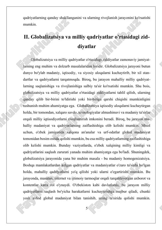 iya jarayoni davomida muhim vazifa bo'lib qoladi. iii. o'zbekiston milliy qadriyatlari va ularning ahamiyati o'zbekiston milliy qadriyatlari, millatning o'ziga xosligini, madaniyatini va an'analarini ifodalovchi muhim elementlar hisoblanadi. ushbu qadriyatlar xalqning tarixiy tajribasi, urf-odatlari, til va dinidan kelib chiqadi. o'zbekistonning milliy qadriyatlari ko'plab aspektlarni o'z ichiga oladi va ularning ahamiyati, nafaqat zamonaviy hayotda, balki xalqning tarixida ham chuqur o'rin tutadi. o'zbekiston milliy qadriyatlarining asosiy komponentlari ichida til, diniy e'tiqod, urf-odatlar va an'analar, milliy bayramlar va folklor mavjud. o'zbek tilining o'ziga xosligi va uning boyligi, millatning ruhiyati va ma'naviyatini ifodalaydi. diniy e'tiqodlar esa, asrlar davomida xalqni birlashtiruvchi kuch bo'lib xizmat qilgan. islom dinining o'zbekiston madaniyatida tutgan o'rni, nafaqat diniy, balki ma'naviy hayotga ham ta'sir ko'rsatadi. urf-odatlar va an'analar o'zbekistonda o'ziga xos ijtimoiy hayot shakllarini belgilaydi. misol uchun, to'y marosimlari, mehmondo'stlik, oilaviy qadriyatlar kabi an'analar o'zbeklarning kundalik hayotida muhim o'rin tutadi. bu qadriyatlar xalqning birligini ta'minlaydi, ijtimoiy aloqalarni kuchaytiradi va avloddan avlodga o'tadi. …