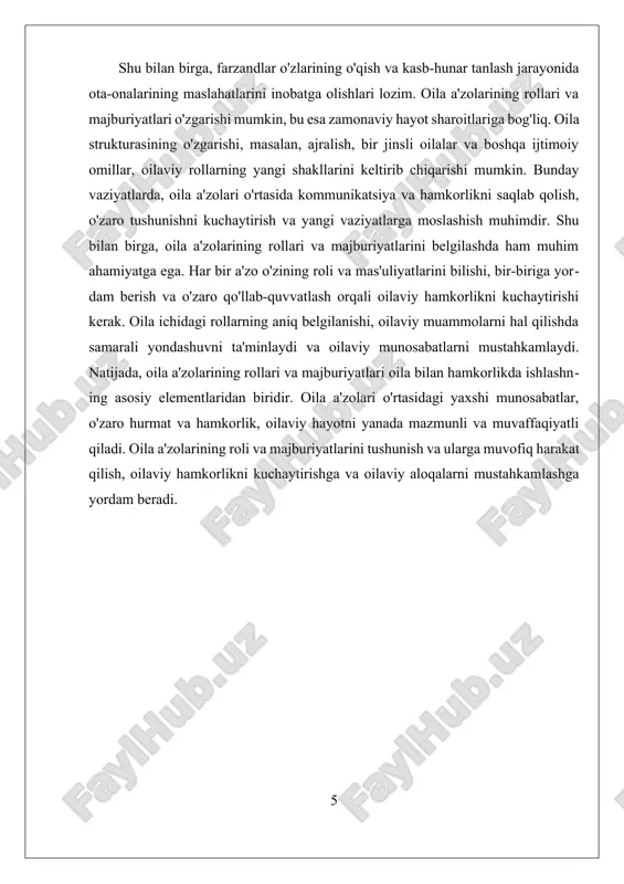 arning mas'uliyat hissini rivojlantirishga va o'z hayotlarini boshqarish ko'nikmalarini oshirishga yordam beradi. qo'llab-quvvatlash, oilaviy hamkorlikda tarbiya jarayonida muhimdir. ota-onalar bolalarining muvaffaqiyatlarini nishonlashlari va ularni qiyinchiliklar bilan yuzma-yuz kelganda qo'llab-quvvatlashlari lozim. bu, bolalarga o'z qobiliyatlariga ishonch hosil qilishlariga yordam beradi. shuningdek, muammolar paydo bo'lganida, oila a'zolari birgalikda yechimlar qidirishlari va qo'llab-quvvatlashni ta'minlashlari zarur. tarbiya usullarida hamkorlikni kuchaytirish uchun, oilaviy uchrashuvlar va munosabatlarni rivojlantirishga qaratilgan faoliyatlarni tashkil etish muhimdir. oila a'zolari bir-birlari bilan vaqti-vaqti bilan fikr almashishlari, o'zaro muhokama qilishlari va kelajakdagi rejalari haqida gaplashishlari zarur. bu jarayon, oilaviy munosabatlarni kuchaytiradi, bolalarga o'z fikrlarini erkin ifodalash imkonini beradi va o'zaro hurmatni oshiradi. shuningdek, tarbiya usullari doirasida, har bir oila a'zosining roli va mas'uliyatlarini belgilash muhimdir. har bir a'zo, o'zining oiladagi roli va majburiyatlarini bilishi, oilaviy hamkorlikni yanada samarali qilishga yordam beradi. ota-onalar, bolalariga o'z roli va mas'uliyatlarini tushuntirib, ularni o'zaro hamkorlikka jalb qilishlari lozim. oila bilan hamkorlikda tarbiya usullari, bolalarning ijtimoiy va …