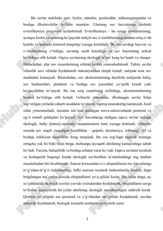 urilishi, qayta foydalanish imkoniyatlari yaratilishi muhim ahamiyatga ega. masalan, ba’zi yirik shaharlarda oqava suvlar tozalanib, yashil hududlarni sug‘orishda, texnik ehtiyojlarda qayta foydalaniladi. bu nafaqat ekologik muvozanatni saqlashga, balki suv resurslaridan tejamli foydalanishga ham xizmat qiladi. oqava suvlarning ekologiyaga ta’siri nafaqat suv resurslari bilan cheklanmaydi, balki havoning ifloslanishi, tuproqning degradatsiyasi, iqlim o‘zgarishlari va hatto genetik o‘zgarishlarga ham sabab bo‘lishi mumkin. ayniqsa, sanoat oqava suvlari tarkibida uchraydigan zaharli moddalar ekologik muhitda uzoq saqlanib qoladi va o‘zgarishga uchramay, uzoq vaqt davomida o‘simliklar, hayvonlar va odamlar hayotiga ta’sir ko‘rsatadi. bu holat bioakumulyatsiya deb ataladi, ya’ni zaharli moddalar tirik organizmlarda to‘planib boradi. masalan, simob moddasi suvdagi mayda organizmlarda to‘planib, baliqlarga o‘tadi, baliqlardan esa inson tanasiga kiradi. bu moddalar markaziy asab tizimi, yurak-qon tomir tizimi, jigar va buyraklarga jiddiy zarar yetkazadi. bundan tashqari, oqava suvlar bilan tuproqqa tushadigan og‘ir metallar, neft mahsulotlari va boshqa zaharli birikmalar tuproqdagi mikroorganizmlarning faoliyatini susaytiradi. bu esa tuproqning tabiiy unumdorligini pasaytiradi, …