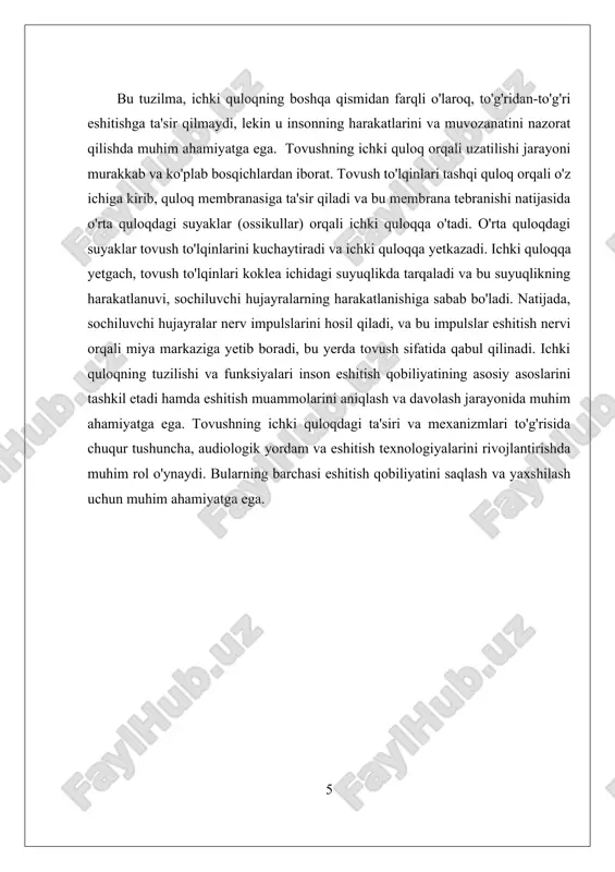 harakat qilinmoqda. ammo ushbu sohalarda ko'p muammolar va kutilmagan natijalar mavjud bo'lib, bu tadqiqotlarni davom ettirish zarurligini ko'rsatadi. umuman olganda, tovush utqazish mexanizmlari ichki quloqning murakkab tuzilishi va funktsiyalaridan kelib chiqqan holda, inson eshitish tizimining samarali ishlashini ta'minlaydi. ushbu mexanizmlar haqida yanada chuqurroq tushuncha insonning eshitish sog'lig'ini saqlash va rivojlantirishda muhim ahamiyatga ega. iii. ovozning ichki quloqdagi ta'siri va davolash usullari ovozning ichki quloqdagi ta'siri va davolash usullari ichki quloqning ahamiyatini va eshitish jarayonidagi rolini o‘rganish bilan boshlanadi. ichki quloq, ya'ni cochlea, tovush to‘lqinlarini elektr signallariga aylantirish jarayonida muhim rol o‘ynaydi. ushbu jarayonda, ovoz to‘lqinlari ichki quloq ichidagi suyuqliklar orqali tarqaladi va bu suyuqliklar basilar membranasini tebratadi. bu tebranishlar, cochleada joylashgan soch hujayralarini, ya'ni sensor hujayralarni faollashtiradi, bu esa tovushni asab signallariga aylantiradi. ushbu jarayonning to‘g‘ri ishlashi eshitish qobiliyatining asosiy tayanchidir. ovozning ichki quloqqa ta'siri esa turli omillarga bog‘liq. masalan, yuqori darajadagi ovoz, ichki quloqdagi soch hujayralariga zarar yetkazishi mumkin. …