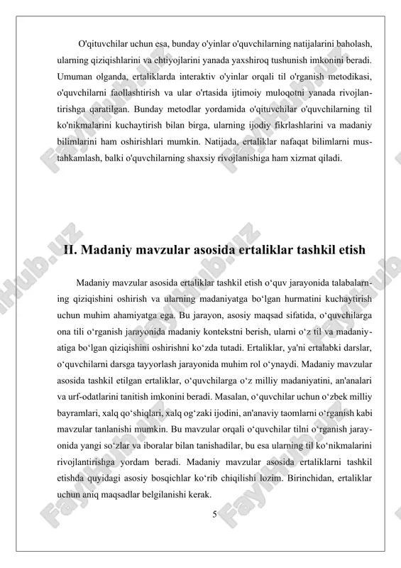 i his qilishlariga yordam beradi. o‘quvchilar o‘z madaniyatining boyligini, tarixiy va madaniy merosini o‘rganish orqali, o‘zlarining shaxsiy identifikatsiyalarini ham kuchaytiradilar. natijada, madaniy mavzular asosida ertaliklar tashkil etish, o‘quvchilarning til o‘rganish jarayonini yanada qiziqarli va samarali qilishga yordam beradigan muhim vosita bo‘lib xizmat qiladi. shuningdek, bu jarayon o‘quvchilarning o‘z madaniyati va boshqa madaniyatlarga bo‘lgan qiziqishini oshirishga yordam beradi, bu esa ularning o‘zaro muloqot va ijtimoiy ko‘nikmalarini rivojlantirishga xizmat qiladi. iii. o'qituvchilar uchun trening va resurslar ishlab chiqish o'qituvchilar uchun trening va resurslar ishlab chiqish, 4-sinfda ona tili fanidan ertaliklarni tashkil etish uchun muhim bir qadam hisoblanadi. ushbu jarayon, o'qituvchilarning pedagogik ko'nikmalarini rivojlantirish va ularning darslarda interaktiv va madaniy jihatdan boy faoliyatlarni amalga oshirishlari uchun zarur bo'lgan resurslarni taqdim etishni o'z ichiga oladi. o'qituvchilarni tayyorlash jarayoni bir nechta asosiy komponentlardan iborat bo'lishi lozim. birinchidan, o'qituvchilarga interaktiv o'quv metodlarini o'rgatish zarur. bu, o'qituvchilarning darslarni qiziqarli va jalb etuvchi tarzda o'tkazishlariga yordam beradi. o'zbek …