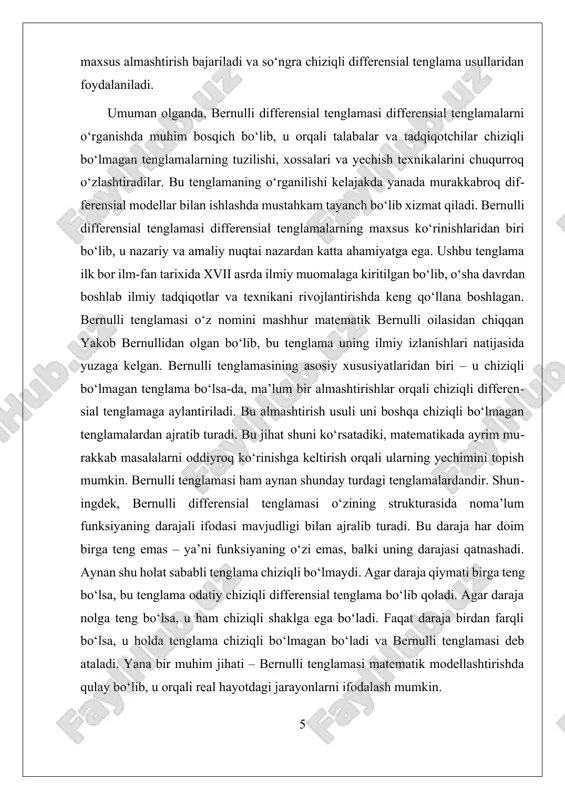 irishlar kiritish, yoki uni oddiyroq ko‘rinishga keltirish usullari qo‘llaniladi. bernulli tenglamasi bu yondashuvning yorqin misolidir. bunda noma’lum funksiyaning darajasiga asoslangan holda yangi yordamchi funksiya kiritiladi va bu orqali tenglama chiziqli shaklga o‘tadi. bu matematik transformatsiya orqali murakkab ko‘ringan tenglama aslida soddalashadi, bu esa uni tahlil qilish va yechishni ancha qulaylashtiradi. ii. tenglamani oddiy differensial tenglamaga keltirish usuli. bernulli differensial tenglamasi o‘ziga xos tuzilishga ega bo‘lgan chiziqli bo‘lmagan differensial tenglamalardan biridir. u umumiy ko‘rinishda noma’lum funksiyaning birinchi tartibli hosilasini, o‘zini va o‘zining darajasini o‘z ichiga oladi. ushbu tenglama chiziqli bo‘lmagan bo‘lishiga qaramay, maxsus almashtirishlar yordamida uni oddiy chiziqli differensial tenglamaga keltirish mumkin. bu esa tenglamani yechishda asosiy nazariy yondashuvlardan biri hisoblanadi. bernulli tenglamasini oddiy differensial tenglamaga aylantirishning mohiyati shundaki, tenglamada mavjud bo‘lgan darajaviy bog‘lanishni yo‘qotish va yangi yordamchi funksiya kiritish orqali uni chiziqli ko‘rinishga o‘tkazishdir. bu usul o‘zining soddaligi va samaradorligi bilan ajralib turadi. almashtirishdan maqsad – chiziqli bo‘lmagan ifodani yangi …