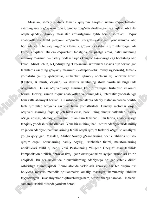 da adabiyotshunoslik fanlari doirasida qirqim turlarini chuqur o‘rganish, ilmiy maqola yozish, kurs ishi yoki bitiruv malakaviy ish tayyorlashda asosiy nazariy-tahliliy tayanch hisoblanadi. bugungi kunda raqamli texnologiyalar yordamida ham qirqim turlarini o‘rganish soddalashtirilmoqda. elektron darsliklar, interaktiv platformalar, videodarslar orqali matn tahlili ko‘rgazmali va tushunarli shaklda taqdim etiladi. bu esa o‘quvchilarning mavzuga bo‘lgan qiziqishini orttiradi, mustaqil o‘rganish ko‘nikmalarini rivojlantiradi. ko‘plab zamonaviy o‘quv adabiyotlarida aynan bu yondashuvlar asosida har bir qirqim turi soddalashtirilgan misollar orqali talqin qilinmoqda. qirqim turlari adabiyotshunoslikda matnni chuqur tahlil qilish, uning ma’no qatlamlarini ochib berish, g‘oyaviy va estetik jihatlarini aniqlashda muhim vosita hisoblanadi. o‘quv adabiyotlarida bu tahlil metodlariga oid bilimlar o‘ziga xos tizim asosida yoritiladi. har bir qirqim turi — bu asarga bir nuqtai nazardan qarash, uni o‘ziga xos yo‘l bilan tahlil qilishdir. shu boisdan, ularni o‘rganish o‘quvchining adabiy saviyasini oshirishga, fikrlash doirasini kengaytirishga, matnni chuqur anglashga xizmat qiladi. o‘quv adabiyotlarida qirqimlar faqatgina nazariy talqin etilmaydi, balki ko‘plab adabiy …
