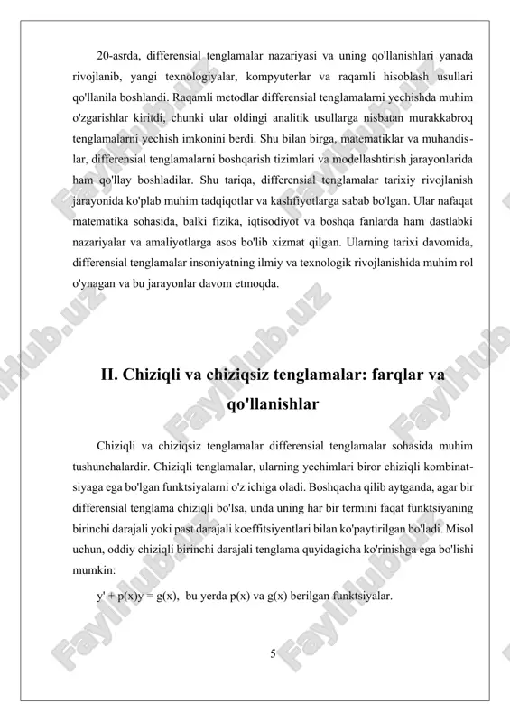kkab hatti-harakatlarni tasvirlashda muhim rol o'ynaydi. masalan, biologiyada populyatsiya o'sishi va predator-prey (predator-o'ljalar) o'rtasidagi o'zaro ta'sirlarni chiziqsiz differensial tenglamalar yordamida modellashtirish mumkin. shunday qilib, chiziqli va chiziqsiz tenglamalar o'rtasidagi farqlar ularning yechimlari, qo'llanishlari va modellashtirish imkoniyatlari bilan bog'liq. har ikki turdagi tenglamalar o'zining o'ziga xos xususiyatlariga ega, va har biri o'ziga xos muammolarni yechishda muhim ahamiyatga ega. shuningdek, ularning matematik nazariyasi va amaliy tadqiqotlar doirasida davom etayotgan izlanishlar bu sohalarning rivojlanishiga kuchli ta'sir ko'rsatmoqda. iii. mashina o'qitish yordamida differensial tenglamalarni yechish mashina o'qitish yordamida differensial tenglamalarni yechish, zamonaviy matematik va ilmiy tadqiqotlarning eng muhim yo'nalishlaridan biriga aylangan. ushbu jarayon, an'anaviy analitik usullarga qaraganda, murakkab va noaniq differensial tenglamalar uchun yangi yechimlarni topishga imkon beradi. mashina o'qitish, statistik va algoritmik usullarni qo'llab-quvvatlab, turli xil tizimlarni modellashtirish va tahlil qilishda kuchli vosita sifatida ishlatilmoqda. differensial tenglamalar, asosan, vaqt va joyda o'zgarishlarni ifodalovchi funksiyalarni va ularning hosilalarini o'z ichiga oladi. bunday tenglamalarni yechishda …