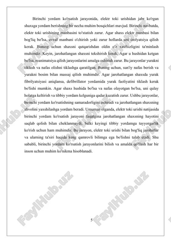 uvini rivojlantirishga yordam beradi. shuningdek, bu jarayon davomida, qatnashchilar o'zlarining tajribalaridan o'rganishlari va o'z bilimlarini kengaytirishlari mumkin. bundan tashqari, tayyorgarlik va trening jarayonida, psixologik tayyorgarlik ham muhim ahamiyatga ega. favqulodda vaziyatlarda odamlar ko'pincha qo'rquv va noaniqlik hissini boshdan kechirishadi. shuning uchun, ko'plab trening dasturlari ishtirokchilarning psixologik tayyorgarligini ham oshirishga qaratilgan. bu, shoshilinch vaziyatlarda tez va to'g'ri qarorlar qabul qilish qobiliyatini rivojlantirishga yordam beradi. yana bir muhim jihat, tayyorgarlik va treningning doimiy yangilanib turishini ta'minlashdir. elektr xavfsizligi va birinchi yordam ko'rsatish usullari doimiy ravishda yangilanadi va rivojlanadi. shu sababli, birinchi yordam ko'rsatish bo'yicha tayyorgarlik kurslarini muntazam ravishda o'tkazish va ishtirokchilarni yangi ma'lumotlar bilan tanishtirish zarur. bu, o'z navbatida, jarohatlangan shaxsga yordam berish jarayonida yanada samarali va ma'lumotli yondashishni ta'minlaydi. umuman olganda, birinchi yordam ko'rsatish uchun tayyorgarlik va trening, elektr toki urishiga duch kelgan shaxsga tez va samarali yordam berish uchun zaruriy ko'nikmalarni rivojlantirishga qaratilgan. bu jarayon, nafaqat nazariy bilimlarni o'z ichiga …