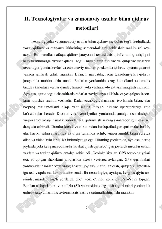 ruv va qutqaruv ishlarining samaradorligini sezilarli darajada oshirish mumkin. radar, dronlar, gps va sun’iy intellekt kabi texnologiyalar birgalikda ishlash orqali, qidiruv jarayonlari tez, aniq va xavfsiz boʻlishi ta’minlanadi. bu esa, oʻz navbatida, inson hayotini saqlash va xavfsizlikni ta’minlashda muhim ahamiyat kasb etadi. shuningdek, texnologik rivojlanishlar va innovatsiyalar yordamida, qutqaruv jamoalarining malakasini oshirish va qiyinchiliklarni yengish imkoniyatlari kengayadi. bu sohada olib borilayotgan ilmiy-tadqiqotlar va amaliyotlar, kelajakda qidiruv va qutqaruv ishlarining yanada samarali va xavfsiz boʻlishiga zamin yaratadi. iii. qutqaruv jamoalarining tayyorgarligi va xavfsizlik choralari qutqaruv jamoalarining tayyorgarligi va xavfsizlik choralari togʻli hududlarda yozgi qidiruv va qutqaruv ishlarining muhim va murakkab bosqichlarini tashkil etadi. bu jarayonlarning muvaffaqiyati inson hayotini saqlash, jarohatlarning oldini olish hamda jarayonning samaradorligini oshirish uchun muhimdir. shu bilan birga, togʻli hududlarning o‘ziga xos geografik, iqlim va ekologik sharoitlariga moslashtirilgan tayyorgarlik va xavfsizlik choralari qutqaruv operatsiyalarining asosiy poydevorini tashkil etadi. birinchidan, qutqaruv jamoalarining tayyorgarligi yuqori malakali va tayyorlangan personalni o‘z …
