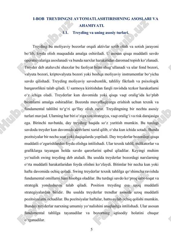 ega. treyding bilan shug‘ullanish uchun kuchli bilim, tajriba va qat’iyat zarur. bozor o‘zgaruvchan va xavfli bo‘lgani sababli har bir qaror ehtiyotkorlik bilan qabul qilinishi kerak. shuningdek, risklarni boshqarish strategiyalari, stop-loss va take-profit kabi vositalardan foydalanish muhimdir. har bir treyder o‘zining savdo uslubini topishi va uni takomillashtirishi zarur. treyding bu moliyaviy bozorlar orqali aktivlar xarid qilish va sotish orqali daromad topishga yo‘naltirilgan faoliyatdir. ushbu soha insondan bozorni chuqur tushunishni, iqtisodiy voqealarni tahlil qilishni va tezkor qarorlar qabul qilishni talab qiladi. treyderlar turli xil moliyaviy instrumentlar bilan savdo qilishadi, jumladan aksiyalar, valyutalar, tovarlar yoki kriptovalyutalar. ular bozordagi narx o‘zgarishlaridan foyda olishga harakat qilishadi. har bir treyder o‘z strategiyasiga ega bo‘lishi kerak, chunki treydingda yo‘qotish ehtimoli daromad olish imkoniyatidan kam emas. treyding turli yo‘nalishlarga ega bo‘lib, har bir yo‘nalish o‘ziga xos yondashuvni talab qiladi. masalan, qisqa muddatli treydingga e’tibor qaratganlar tez-tez savdo qiladi, uzoq muddatli treyderlar esa pozitsiyalarini uzoq vaqt davomida saqlaydi. bunda …