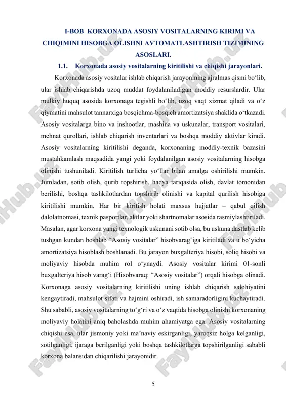 idan ko‘p summaga sotilsa, foyda olinadi, aks holda zarar qayd etiladi. bu natijalar moliyaviy hisobotlarga ta’sir qiladi va soliq hisob-kitoblarida ham aks ettiriladi. buxgalteriyada asosiy vositalarning chiqarilishi 01-sonli hisobvaraqdan chiqarilib, 91-sonli (boshqa daromadlar va xarajatlar) yoki 62-sonli (xaridorlar va buyurtmachilar bilan hisob-kitoblar) hisobvaraqlari orqali qayd etiladi. agar vosita butunlay yaroqsiz holatga kelgan bo‘lsa, u holda ushbu vositaning chiqarilishi 94-sonli (kamomadlar va talafotlar) hisobvarag‘ida aks ettiriladi. korxonada asosiy vositalarning kiritilishi va chiqishi jarayonlari moliyaviy boshqaruv, buxgalteriya hisobi va soliqqa tortish tizimida muhim o‘rin tutadi. mazkur jarayonlar aniq tartibda yuritilishi, barcha hujjatlar bilan asoslanishi kerak. aks holda, moliyaviy hisobotlarda noto‘g‘ri ma’lumotlar paydo bo‘lishi, bu esa soliq organlari bilan muammolarga sabab bo‘lishi mumkin. shuni unutmaslik lozimki, asosiy vositalarning har bir birligi bo‘yicha ularning xarid sanasi, narxi, xizmat muddati, eskirish normasi, joylashuvi, balansdagi qoldiq qiymati to‘g‘risidagi ma’lumotlar muntazam ravishda yangilanib turilishi lozim. buning uchun maxsus inventarizatsiya ishlari amalga oshiriladi. bu esa, korxona mol-mulkining haqiqiy …