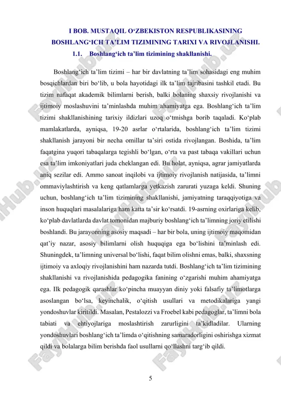 ing imkoniyatlariga mos keladigan ta’limni ta’minlashda davom etmoqda va kelajakda ham o‘zgarishlarga moslashib, yanada takomillashib borishi kutilmoqda. boshlang‘ich ta’lim tizimi dunyo bo‘ylab keng tarqalgan va uning shakllanishi, albatta, har bir mamlakatning tarixiy, madaniy, iqtisodiy va siyosiy sharoitlariga bog‘liq bo‘lgan jarayon. ta’lim tizimining dastlabki shakllari ko‘pincha diniy va feodal tizimlar bilan chambarchas bog‘liq edi. ko‘plab jamiyatlarda ta’lim asosan diniy ma’rifatni targ‘ib qilish uchun ajratilgan bo‘lsa, ba’zi mamlakatlarda ta’lim faqatgina elita uchun mavjud edi. ta’lim faqatgina boy va yuqori tabaqa vakillariga taqdim etilar, qolgan aholining ta’lim olish imkoniyatlari juda cheklangan edi. tarixiy jihatdan, boshlang‘ich ta’lim tizimining shakllanishida bir necha asosiy bosqichlar mavjud. feodal jamiyatlar davrida ta’lim faqat ruhoniylar, ba’zan esa oligarxik to‘da vakillariga berilgan. bu davrda ta’limning asosiy maqsadi diniy bilimlarni berish va jamiyatni ma’lum bir ijtimoiy tartibda ushlab turish edi. shu sababli, boshlang‘ich ta’lim ko‘plab jamiyatlarda, ayniqsa, xitoy, misr, gretsiya va rimda ma’lum darajada mavjud edi, ammo bu tizim faqatgina muayyan …