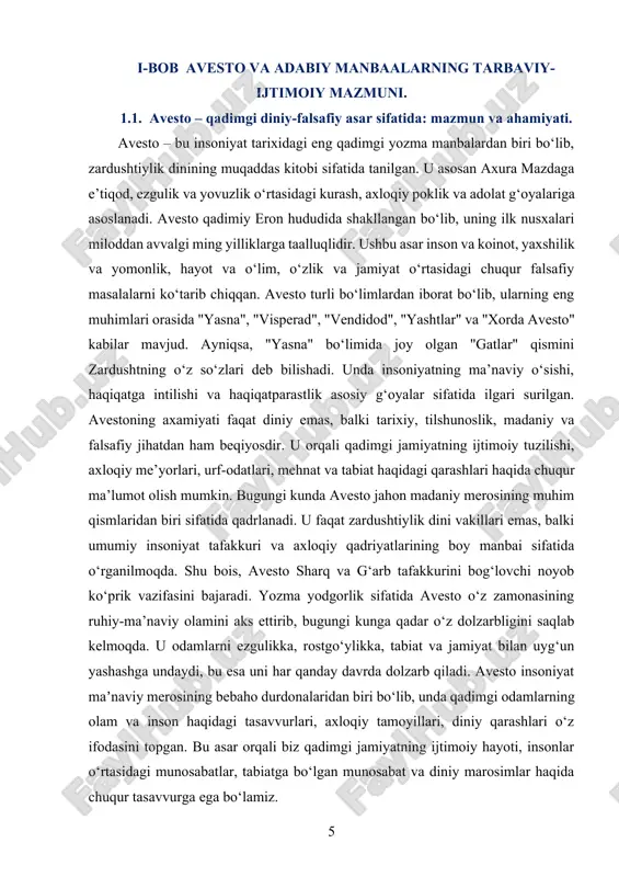 ladi. bugungi zamonda avesto ilmiy jamoatchilik tomonidan keng o‘rganilmoqda. tarixchilar, tilshunoslar, falsafa va dinshunoslar bu asar orqali qadimgi sharq sivilizatsiyasining chuqur ildizlariga nazar tashlash imkoniyatiga ega bo‘lmoqdalar. shu boisdan avesto jahon madaniyati tarixida muhim o‘rin tutuvchi universal qadriyatlar manbai bo‘lib qolmoqda. avesto orqali biz qadimgi zamonlarda odamlar orasidagi ijtimoiy tartib-qoidalar, sud-huquq tizimi, oilaviy hayot, kasb-hunarlar va mehnatga munosabat haqida ham ma’lumot olamiz. unda jamiyatni sog‘lom tutish uchun zarur bo‘lgan axloqiy va huquqiy me’yorlar batafsil bayon qilingan. avestoda ayollarga nisbatan hurmat, tozalik va poklikka rioya qilish, mehmonnavozlik, yurtga sadoqat kabi qadriyatlar alohida urg‘u bilan ko‘rsatilgan. avestoning dunyoviy ahamiyati ham juda katta. u sharq xalqlari, ayniqsa fors, tojik va hatto qadimgi turkiy xalqlarning madaniy shakllanishida muhim rol o‘ynagan. 1.2. avestodagi ijtimoiy, axloqiy va pedagogik qarashlar. avestodagi ijtimoiy, axloqiy va pedagogik qarashlar qadimgi jamiyatning hayotiy asoslarini tashkil qilgan muhim g‘oyalarni o‘z ichiga oladi. bu qarashlar zardushtiylik ta’limotida chuqur ildiz otgan bo‘lib, asarda jamiyat …