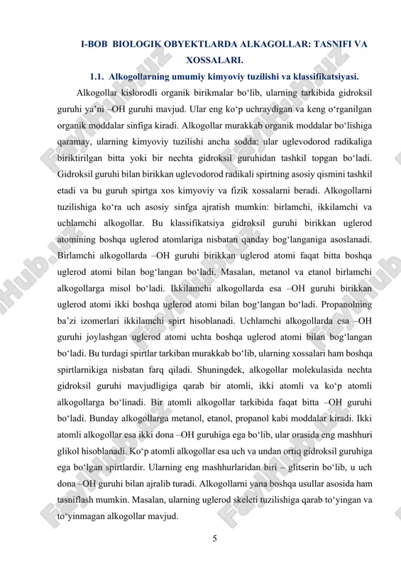 i vodorod bog‘lari hosil qiladi. alkogollar kimyoviy faol moddalar hisoblanadi. ular oksidlanish, gidroksidlanish, degidratatsiya, galogenlanish va boshqa ko‘plab reaksiyalarda ishtirok etadi. masalan, birlamchi spirtlar oksidlanganda avval aldehid, keyin esa kislota hosil bo‘ladi. ikkilamchi spirtlar oksidlanganda ketonlar hosil qiladi, uchlamchi spirtlar esa odatda oddiy oksidlanish sharoitida oksidlanmaydi, balki parchalanadi. bu ularning tuzilmasi va –oh guruhi joylashgan joyi bilan bog‘liq. alkogollar insoniyat hayotida keng qo‘llaniladi. ular farmatsevtika, kosmetika, oziq-ovqat sanoati, yonilg‘i, kimyo sanoati va boshqa ko‘plab sohalarda ishlatiladi. masalan, etanol dezinfektsiyalovchi vosita, erituvchi, yonilg‘i sifatida va hatto alkogolli ichimliklar tayyorlashda ham ishlatiladi. metanol esa asosan sanoatda erituvchi va yonilg‘i sifatida qo‘llaniladi, biroq u zaharli bo‘lgani sababli ichimlik sifatida ishlatilmaydi. 1.2. alkogollarning fizik-kimyoviy xossalari va ularning biologik ahamiyati. alkogollar kimyoviy tuzilishi jihatidan o‘zida gidroksil (-oh) guruhini saqlagan organik moddalar bo‘lib, ular uglerod va vodorod atomlari zanjiriga biriktirilgan bo‘ladi. bu guruh alkogollarga o‘ziga xos fizik va kimyoviy xususiyatlarni beradi. alkogollarni chuqur o‘rganish nafaqat ularning …