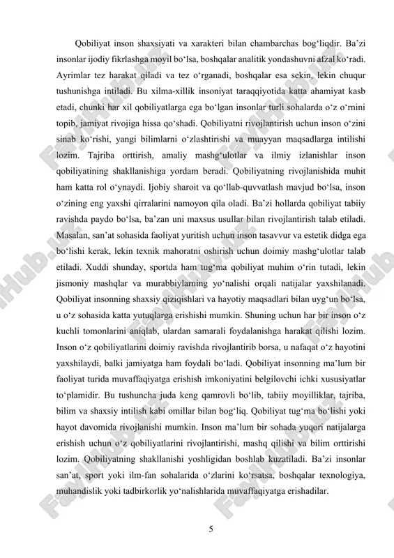 i ularning kundalik hayotini yengillashtirish va jamiyat ichida o‘z o‘rnini topish uchun zarur edi. masalan, tosh davrida insonlar o‘z qobiliyatlarini asbob-uskunalar yasash, ov qilish va turar joy qurish uchun ishlatganlar. ular tabiiy sharoitlarga moslashish, olov yoqish, mehnat taqsimotini amalga oshirish kabi ko‘nikmalarga ega bo‘lishgan. shu davrda jismoniy kuch va aqliy tafakkur qobiliyatlari eng muhim omillardan biri bo‘lib, hayotda omon qolish uchun katta ahamiyatga ega bo‘lgan. qadimgi sivilizatsiyalar shakllangan sari inson qobiliyatlari yanada rivojlanib, murakkab ijtimoiy va madaniy faoliyatlar bilan bog‘liq bo‘la boshladi. misr, mesopotamiya, hindiston va xitoy kabi qadimgi sivilizatsiyalarda qobiliyatning yangi turlari paydo bo‘ldi. bu davrda ilm-fan, matematika, yozuv, me’morchilik va san’at sohalarida insonning maxsus qobiliyatlari muhim ahamiyat kasb etdi. insonlar bilimi va mahorati ortib borishi bilan turli kasblar shakllandi, hunarmandchilik va savdo rivojlandi. antik davrda qobiliyat tushunchasi falsafiy nuqtai nazardan o‘rganila boshlandi. yunon faylasuflari inson qobiliyatlarini tafakkur va bilim bilan bog‘laganlar. masalan, aristotel inson aql-idrok va mantiqiy fikrlash …