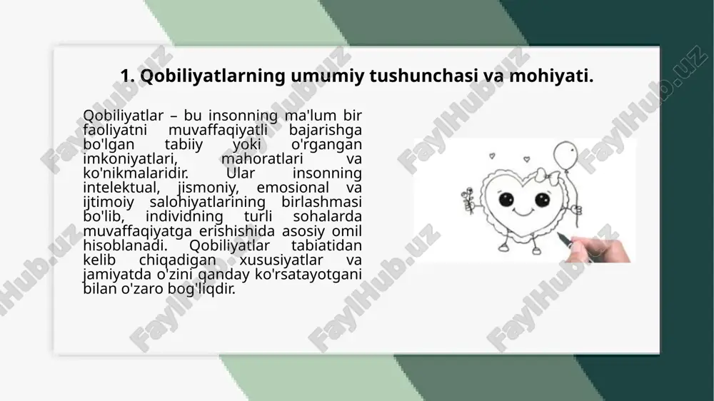 shdagi muvaffaqiyatlar ham baholash mezonlari sifatida ishlatiladi. qobiliyatlarni baholash va rivojlantirish jarayonida doimiy ravishda o'zgaruvchan va adaptiv usullarni qo'llash, shaxsning individual xususiyatlari va ehtiyojlariga moslashish zarur. bu jarayon nafaqat individuallikni rivojlantirishga, balki jamiyatning turli sohalarida muvaffaqiyatga erishishga ham yordam beradi. xulosa. qobiliyatlar tuzilishi va turlari insonning turli sohalarda muvaffaqiyatga erishish uchun zarur bo'lgan tabiiy va o'rganilgan salohiyatlardir. ular intelektual, jismoniy, emosional, ijodiy, kommunikativ va texnik kabi turli xil turlarga bo'linadi. har bir qobiliyat turi o'zining xususiyatlariga ega bo'lib, insonning har tomonlama rivojlanishiga hissa qo'shadi. intelektual qobiliyatlar bilim va tafakkur bilan bog'liq, jismoniy qobiliyatlar harakatlar va kuchga asoslanadi, emosional qobiliyatlar esa hissiy barqarorlikni saqlash va boshqalar bilan aloqalarni o'rnatishga qaratilgan. foydalangan adabiyotlar. hoshimov, m. (2004). psixologiya asoslari. toshkent: o‘qituvchi. karimov, i. (1995). yuksak ma’naviyat – yengilmas kuch. toshkent: ma’naviyat. turaeva, s. (2010). pedagogik psixologiya. toshkent: o‘qituvchi. islomov, i. (2013). ta’lim jarayonida shaxsni rivojlantirish. toshkent: fan. akhmedov, a. (2011). inson salohiyatini rivojlantirish: …