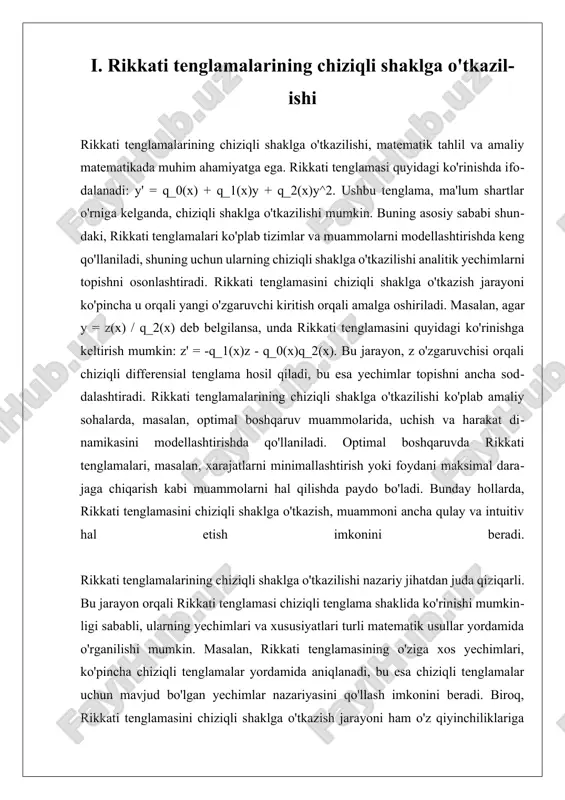 eb hisoblanadi. masalan, agar p(x) va q(x) funktsiyalari musbat bo'lsa, bu yechimlarning barqarorligini ta'minlaydi. bunday shartlar, tizimning dinamik xususiyatlarini, ya'ni o'zgaruvchanlik, tebranish va boshqa harakatlardagi barqarorlikni tahlil qilishda muhim ahamiyatga ega. ikkinchi tartibli chiziqli tenglamalarning barqarorligi turli sohalarda, jumladan, muhandislik va fizikada keng qo'llaniladi. misol sifatida, mexanik tizimlarda harakatning barqarorligini tahlil qilishda, nazorat tizimlarida esa, tizimning xatti-harakatini bashorat qilishda ushbu tenglamalarning barqarorligi katta ahamiyatga ega. bunday tizimlar, masalan, avtomobillarni boshqarish tizimlarida va elektr energiyasini tarqatish tizimlarida keng qo'llaniladi. nazorat nazariyasida barqarorlik, optimal boshqaruv strategiyalarini ishlab chiqishda muhim rol o'ynaydi. ikkinchi tartibli chiziqli tenglamalar, ko'plab nazorat muammolarini yechishda, masalan, avtomatik boshqaruv tizimlari va nazorat devorlarida qo'llaniladi. ularning barqarorligi, tizimning o'zgaruvchan sharoitlarda qanday ishlashini aniqlashda yordam beradi va tizimning ishonchliligini oshiradi. shuningdek, ikkinchi tartibli chiziqli tenglamalarning barqarorligini o'rganish jarayonida, raqamli yechimlar va simulatsiyalar yordamida barqarorlik shartlarini tekshirish muhim ahamiyatga ega. zamonaviy hisoblash texnologiyalari va raqamli metodlar, barqarorlikni tahlil qilishda qo'llanilishi mumkin. misol …