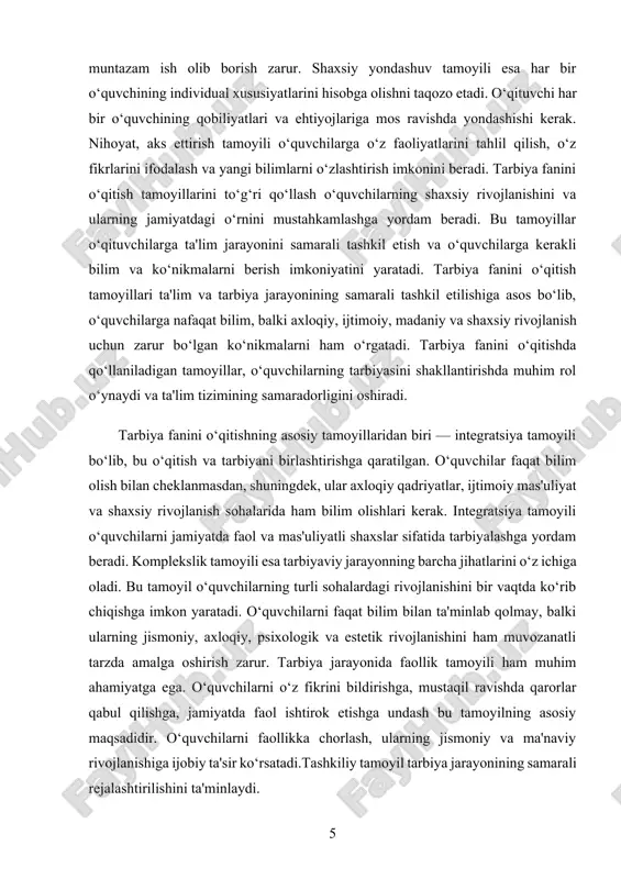 , balki axloqiy qadriyatlar, ijtimoiy mas'uliyatni ham o‘rgatishni nazarda tutadi. tarbiya jarayonida insonning axloqiy va ma'naviy rivojlanishiga e'tibor qaratish, ularning jamiyatdagi o‘rni va vazifalarini anglashlari muhimdir. falsafiy yondashuvlar nafaqat bilish va o‘rganish, balki har bir o‘quvchining dunyoqarashini rivojlantirishni ta'minlashga qaratilgan. pedagogik asoslar esa, ta'lim va tarbiya jarayonini samarali tashkil etish uchun zarur metodik va psixologik yondashuvlarni belgilaydi. pedagogik tamoyillar shaxsga yo‘naltirilgan bo‘lishi kerak, ya'ni har bir o‘quvchining individual xususiyatlari, qobiliyatlari va ehtiyojlarini hisobga olgan holda ta'lim berish zarur. o‘quvchilarni faqat bilim olishga emas, balki jamiyatda faol, mas'uliyatli va axloqan to‘g‘ri shaxslar bo‘lib rivojlanishiga ham e'tibor qaratish lozim. bu tamoyil orqali o‘quvchilarga mustaqil fikr yuritish, o‘z qarorlarini qabul qilish va shaxsiy mas'uliyatni his qilishda yordam berish mumkin. tarbiya va ta'lim jarayonida tizimli yondashuv ham muhim ahamiyatga ega. o‘quvchilarni o‘qitishda va tarbiyalashda bir qator tamoyillarni bir vaqtda qo‘llash zarur, chunki bu jarayon uzluksiz va muvozanatli rivojlanish uchun muhimdir. tarbiya jarayonida o‘quvchilarni ijtimoiy …