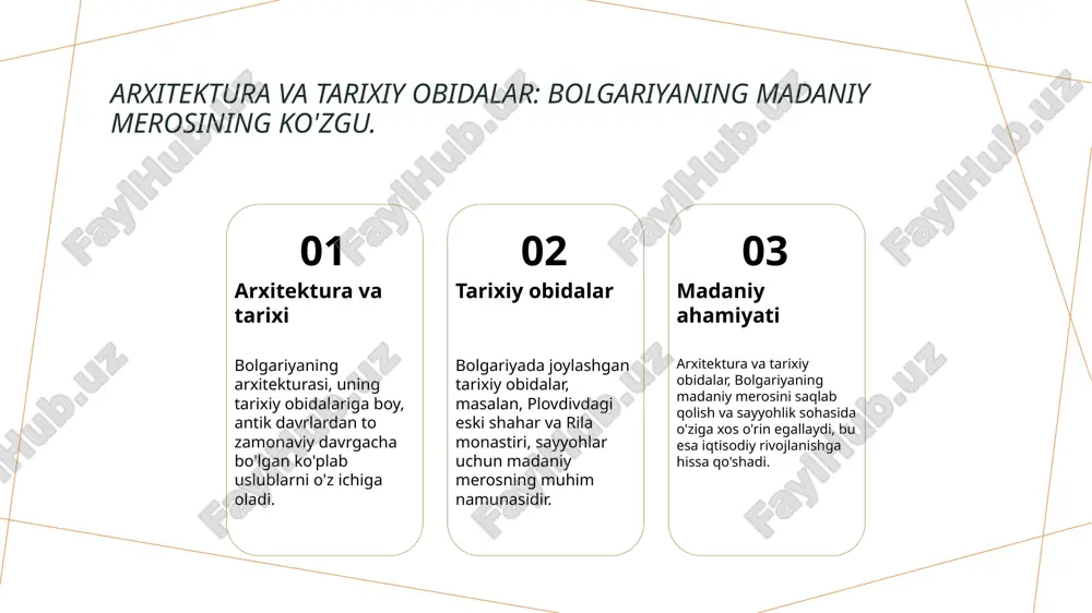 2 3. saidov, s. turizm va madaniyat: bolgariyada sayyohlar uchun imkoniyatlar. buxoro davlat universiteti, 2020 4. mustafayeva, n. bolgariyaning tarixiy joylari va sayyohlikni rivojlantirish. o'zbekiston turizm assotsiatsiyasi, 2023 5. toshpo'latov, r. bolgariyada madaniy meros va sayyohlik: o'zaro aloqalar. o'zbekiston respublikasi madaniyat vazirligi, 2022 e'tiboringiz uchun rahmat!