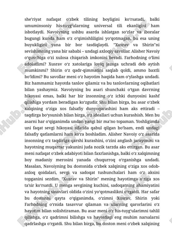 i mujassam etadi. uning tasvirlari shunchalik jonliki, o‘quvchi o‘zini xusravning saroyi yoki farhodning amuya daryosi bo‘yidagi sahnalarida yurgandek his qiladi. masalan, shirinning go‘zalligini tasvirlashda ishlatilgan metaforalar va taqqoslashlar shunchalik nozik va nafis ediki, men har bir satrni bir necha bor o‘qib, uning chuqurligiga sho‘ng‘ib ketdim. bu she’riyat nafaqat o‘zbek tilining boyligini ko‘rsatadi, balki umuminsoniy his-tuyg‘ularning universal tili ekanligini ham isbotlaydi. navoiyning ushbu asarda ishlatgan so‘zlar va iboralar bugungi kunda ham o‘z o‘qimishliligini yo‘qotmagan, bu esa uning buyukligini yana bir bor tasdiqlaydi. "xusrav va shirin"ni sevishimning yana bir sababi – undagi axloqiy savollar. alisher navoiy o‘quvchiga o‘zi xulosa chiqarish imkonini beradi. farhodning o‘limi adolatlimi? xusrav o‘z xatolariga loyiq jazoga uchradi deb aytish mumkinmi? shirin o‘z qadr-qimmatini saqlab qoldi, ammo baxtli bo‘ldimi? bu savollar meni o‘z hayotim haqida ham o‘ylashga undadi. biz hammamiz hayotda tanlov qilamiz va bu tanlovlarning oqibatlari bilan yashaymiz. navoiyning bu asari shunchaki o‘tgan davrning hikoyasi emas, balki har …