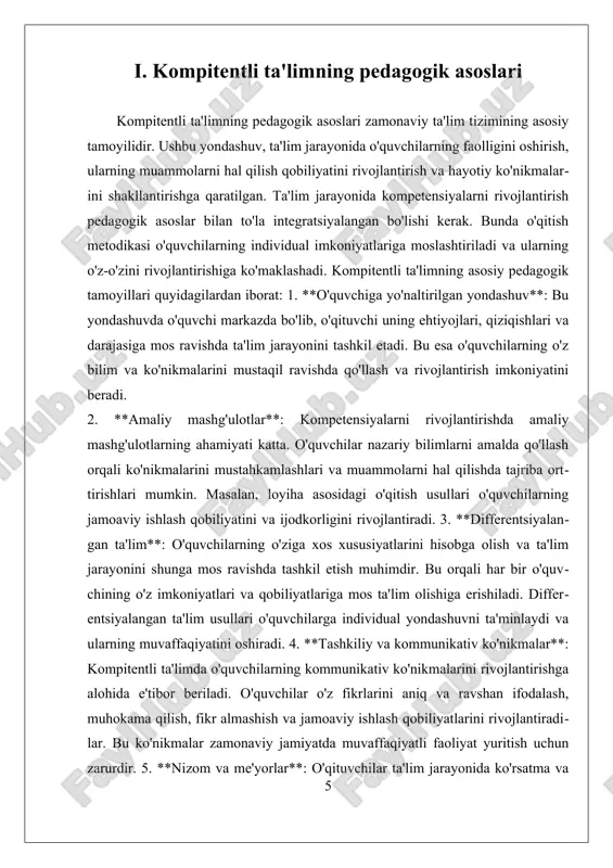 ziga xos ehtiyojlarini qondirishdir. buning uchun ta'lim jarayonida turli xil metod va strategiyalar qo'llaniladi. masalan, o'qituvchilar o'quvchilarni kichik guruhlarga bo'lish orqali, har bir guruhga mos keladigan vazifalarni berishlari mumkin. bu usul o'quvchilarga o'zaro fikr almashish, bir-biridan o'rganish va o'z bilimlarini amaliyotda qo'llash imkoniyatini beradi. bundan tashqari, differensiyalangan ta'limda o'quvchilarning o'z-o'zini nazorat qilish imkoniyatlariga ham e'tibor qaratiladi. o'qituvchilar o'quvchilarga o'z ehtiyojlariga mos keladigan o'quv materiallarini tanlash imkonini berish orqali, ularni o'z-o'zini boshqarish va mustaqil fikrlashga undaydilar. bu esa o'quvchilarning o'ziga bo'lgan ishonchini oshiradi va o'qishga bo'lgan motivatsiyasini kuchaytiradi. differensiyalangan ta'lim usullari, shuningdek, o'quvchilarning o'z qobiliyatlarini rivojlantirishda muhim rol o'ynaydi. har bir o'quvchining qobiliyatlari va imkoniyatlari har xil bo'lishi sababli, o'qituvchilar o'z darslarini shunday tashkil etishlari kerakki, har bir o'quvchi o'z salohiyatidan to'liq foydalanish imkoniyatiga ega bo'lsin. misol uchun, ba'zi o'quvchilar vizual materiallar orqali yaxshiroq o'rganishlari mumkin, boshqalari esa amaliy tajribalar orqali o'z bilimlarini mustahkamlashni afzal ko'rishlari mumkin. bu yondashuv, o'quvchilarning o'z …