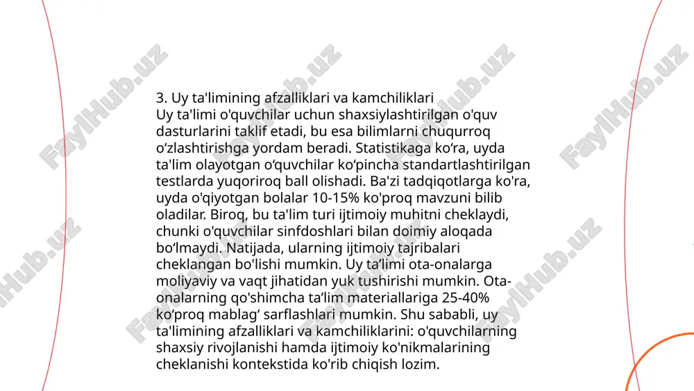 yordam beradi. psixologlarning fikriga ko'ra, mehr va qo'llab-quvvatlash hissiy intellektni shakllantirishga katta hissa qo'shadi, bu esa bolalarning kelajakdagi barcha sohalardagi muvaffaqiyatlariga zamin yaratadi. ... t.me/slaydai_bot 10. uy ta'limida o'qituvchi-ota-ona hamkorligi o'qituvchi va ota-ona hamkorligi bola ta'limida katta rol o'ynaydi. tadqiqotlar shuni ko'rsatadiki, ota-onalar ta'lim jarayonida faol ishtirok etganda, o'quvchilarning akademik yutuqlari 20% ga oshishi mumkin. mamlakatimizda o'quvchilarning 70% dan ortig'i ota-onalari orqali qo'shimcha yordam olishadi. har oyda bir marta ota-onalar yig'ilishlari o'tkazilib, unda har bir o'quvchining rivoji muhokama qilinadi. statistik ma'lumotlar ko'rsatadiki, ota-onalar bilan doimiy aloqada bo'lgan maktablarda sinov natijalari 15% ga yaxshiladi. bu hamkorlik, ayniqsa, boshlang'ich sinflarda muhimdir, chunki asosiy bilim va ko'nikmalar shu davrda shakllanadi. shu sababli, o'qituvchilar va ota-onalar orasidagi hamkorlik ta'lim muvaffaqiyatining butunlay yaxshilanishiga olib keladi. ... t.me/slaydai_bot inklyuziv ta'limda o'qituvchilarni tayyorlash juda muhimdir. o'qituvchilar 2021 yilda o'zbekistonda 11 mingdan ortiq bolalar maxsus ta'limga muhtoj ekani aniqlangan, shuning uchun inklyuziv ta'lim bo'yicha tayyorlangan o'qituvchilar talab qilinadi. …