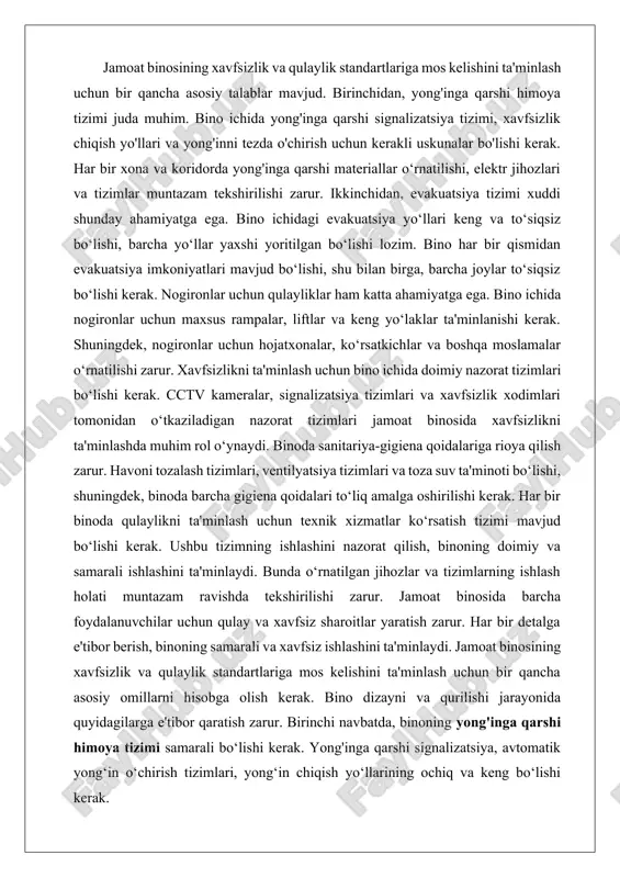 atik yong‘in o‘chirish tizimlari uchun o‘rinlarni aniqlashda muhandislikka yordam beradi. binoning evakuatsiya yo‘llari va strukturasi bu tizimlarning samarali ishlashini ta'minlash uchun muhandislik bilan uyg‘un bo‘lishi kerak. nogironlar uchun qulayliklarni yaratishda arxitekturaviy dizayn liftlar, rampalar va keng yo‘laklar kabi muhandislik yechimlariga moslashtirilishi lozim. shuningdek, binoning ichki va tashqi makonida xavfsizlik va qulaylikni ta'minlash uchun texnologik yechimlar, masalan, cctv kameralar, ventilyatsiya tizimlari va toza suv ta'minoti muhandislik yechimlari bilan integratsiya qilinishi kerak. bino energiya samaradorligini ta'minlashda, arxitektura va muhandislikning integratsiyasi binoning isitish, sovutish va yoritish tizimlarini optimal ishlashini ta'minlashi kerak. bu esa binoning ekologik toza va energiya tejamkor bo‘lishini ta'minlashga yordam beradi. umuman olganda, arxitektura va muhandislik yechimlarini integratsiya qilish, binoning xavfsiz, qulay va samarali ishlashini ta'minlashda zarur. har ikkala soha o‘rtasidagi uyg‘unlik binoning foydalanuvchilari uchun maksimal qulaylik va xavfsizlik yaratadi. arxitekturaviy va muhandislik yechimlarini integratsiya qilish, jamoat binosining samarali va xavfsiz ishlashini ta'minlash uchun juda muhimdir. bu integratsiya, binoning turli elementlarining …