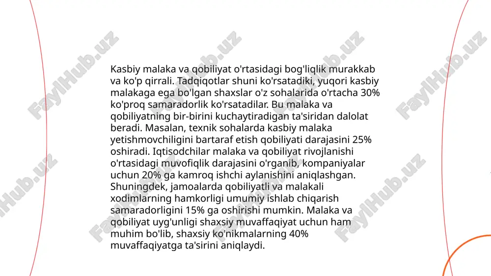 va startaplar uchun yangi imkoniyatlar yaratmoqda. ... t.me/slaydai_bot 10. jamoada ishlab chiqishdagi qobiliyatlarning o'rni jamoada ishlab chiqishdagi qobiliyatlar, samaradorlikni oshirishda muhim rol o'ynaydi. mckinsey tadqiqotchilariga ko'ra, muvaffaqiyatli jamoalar a'zolari o'rtasidagi hamkorlik 20% ga yaxshilanishi mumkin. gallup ma'lumotlariga ko'ra, yuqori xodimlar bilan jamoalar 21% yuqori rentabellikka ega. 3m kompaniyasi o'rta bo'g'indagi menejerlarning 70% viloyatidagi loyihalarda kooperativ qobiliyatni oshirgan. boston consulting group tadqiqotlari jamoaviy ishlashda qobiliyatlarning moslashuvchanligini 15% ga oshirishini ko'rsatadi. microsoftning tahliliga ko'ra, kuchli jamoalar muloqotdagi samaradorlikni 25% ga oshiradi. statistika ko'rsatmoqda, o'zaro ishonch va qobiliyatlar jamoaviy samaradorlikni 30% dan oshira oladi. deloitte hisobotlariga ko'ra, muvaffaqiyatli jamoalar rivojlanishda qobiliyatlarni 13% ga tezlashtira oladi. bu raqamlar jamoada ishlab chiqish qobiliyatlarining o'rni va ahamiyatini ko'rsatadi. ... t.me/slaydai_bot kasbiy mahorat va qobiliyatlar kasbiy faoliyatda muvaffaqiyatga erishish uchun muhim hisoblanadi. kasbiy mahorat o'z ichiga aniq ko'nikmalar va ishni bajarish qobiliyatini oladi. misol uchun, dasturchi uchun dasturlash tillarini bilish muhim. qobiliyatlar esa insonning tug'ma yoki rivojlangan …