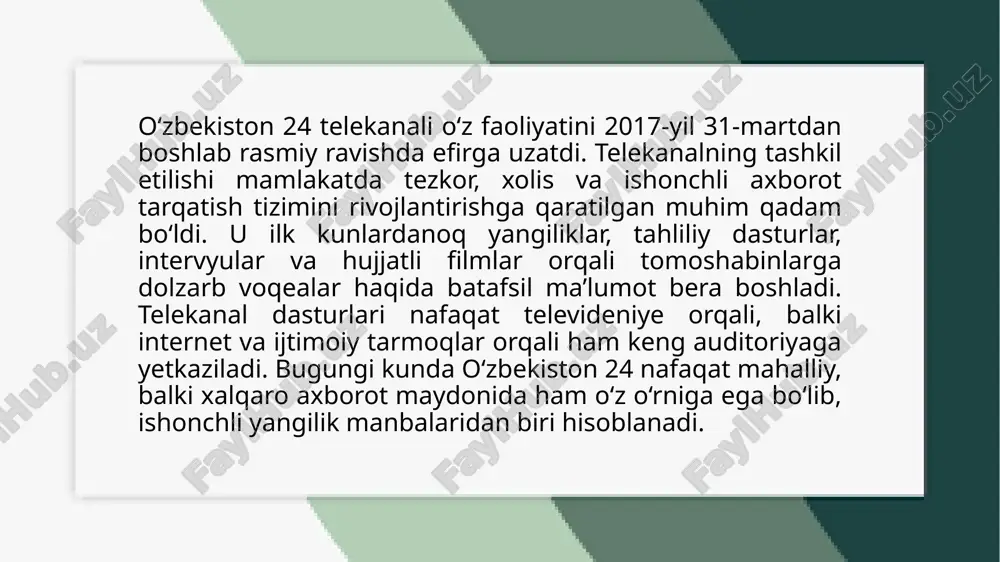 fsiz axborot almashishning yangi imkoniyatlarini yaratib, jamiyatni yanada rivojlantirishga yordam bermoqda. birinchi navbatda, raqamli texnologiyalarni joriy etish axborot tarqatishda katta o'zgarishlarni keltirib chiqardi. internetning tarqalishi bilan birga axborot almashish ancha osonlashdi. bugungi kunda odamlar internet orqali dunyoning istalgan burchagidan ma'lumot olishlari mumkin. mobil telefonlar, kompyuterlar va boshqa qurilmalar orqali axborotning o'zaro almashinuvi yanada tezlashdi. buning natijasida an'anaviy axborot tarqatish usullari, masalan, pochta, telegraf yoki telefon orqali axborot yuborish kabi usullar cheklangan ahamiyatga ega bo'lib qoldi. innovatsiyalar, ayniqsa, axborot texnologiyalarida yangi imkoniyatlarni yaratdi. bularga sun'iy intellekt (ai), katta ma'lumotlar (big data), va iot (internet of things) texnologiyalarini kiritish mumkin. bu texnologiyalar yordamida ma'lumotlarni tezkor tahlil qilish va ulardan samarali foydalanish mumkin. masalan, sun'iy intellekt tizimlari yordamida axborotni to'plash, tahlil qilish va uni foydalanuvchiga shaxsiylashtirilgan tarzda taqdim etish jarayonlari soddalashdi. etiboringiz uchun rahmat! image1.png image2.jpeg image3.jpeg image4.jpeg image5.jpeg