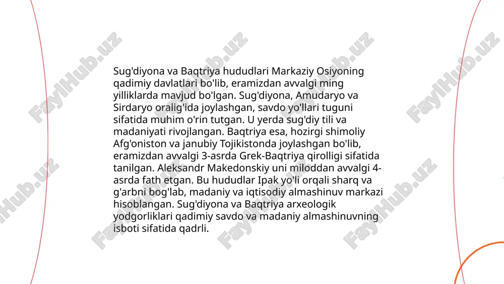 ilgan. 651 yilda arab xalifaligi tomonidan sosoniylar mag'lub etilgan va ularning davlati tugagan. bu davr eron va markaziy osiyo tarixida katta ta'sir ko'rsatgan. ... t.me/slaydai_bot qo‘qon xonligi, 18-asr boshlarida o‘rta osiyoda shahrisabz xonligi poytaxti qo‘qonda vujudga kelgan. 1709-yilda asosan farg‘ona vodiysida shakllangan. bu davlatning asoschisi shohruxbiy deb hisoblanadi. uning vorislari bo‘lgan xonlar qo‘qon xonligini kengaytirib, 19-asr boshlariga kelib qo‘qon, andijon, namangan, toshkent, o‘sh, va boshqa shaharlarni o‘z ichiga qamrab oldilar. 1876-yilda rossiya imperiyasi bilan bo‘lgan mojarolar natijasida qo‘qon xonligi tugatilib, rossiya imperiyasiga qo‘shib olindi. xonlik davri davomida harbiy va siyosiy rivojlanish bilan bir qatorda, madaniy va me'moriy jihatdan ham ko‘plab yutuqlarga erishildi. bu davrda qo‘qon madaniy markaz sifatida tanildi va turli millat vakillarini o‘zida jamlagan. ... t.me/slaydai_bot qarluqlar davlatchiligi, turkiy qabila ittifoqi sifatida, 8-asrda markaziy osiyoda vujudga kelgan. qarluqlar dastlab 746-yilda tang xoqonligi qulashidan keyin kuchayib, 766-yilda o'rta osiyoda o'z davlatlarini barpo etishadi. ular farg'ona vodiysi, issiqko'l atrofi va yettisuvni …