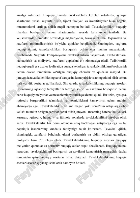 orqali bir faoliyatning muvaffaqiyatsizligi boshqa sohalarda yuzaga kelgan foyda bilan qoplanishi mumkin. sug‘urta tizimi risklarni boshqarish uchun juda muhim mexanizm hisoblanadi. sug‘urta kompaniyalari tavakkalchilikni taqsimlashni ta’minlaydi. xavfga duchor bo‘lgan tomonlar (shaxslar yoki tashkilotlar) o‘zlarining risklarini sug‘urta kompaniyasiga o'tkazish orqali xavflarni minimallashtiradilar. bu mexanizm, ayniqsa, tabiiy ofatlar, sanoat xavflari yoki boshqa noxush hodisalar tufayli yuzaga keladigan moliyaviy yo‘qotishlarga qarshi muhim ahamiyatga ega. hedjing (riskni qoplash) iqtisodiy faoliyatdagi risklarni boshqarish uchun yana bir vositadir. hedjing risklarni himoya qilish uchun maxsus moliyaviy instrumentlardan foydalanishdir. masalan, valyuta yoki aksiyalar bozorida o‘zgarishlarni qoplash maqsadida qarorlar qabul qilish orqali tashkilotlar o‘zlarining moliyaviy xavflarini kamaytirishi mumkin. hedjing yordamida, kompaniya valyuta kursining o‘zgarishi yoki boshqa moliyaviy risklar tufayli yuzaga keladigan yo‘qotishlardan himoya qiladi. bundan tashqari, tavakkalchilikni baholash va monitoring qilishning ham o‘ta muhim mexanizmi mavjud. kompaniyalar va tashkilotlar risklarni oldindan aniqlash va baholash, ular bilan bog‘liq noxush oqibatlarni oldini olish uchun strategiyalar ishlab chiqadilar. risklarni baholash tizimlari xavf-xatarlarni …
