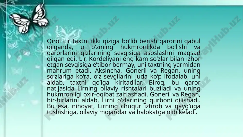 ihoyat, o‘zining barcha xatolarini tushunib yetganidan so‘ng, kordeliyaga bo‘lgan sevgisini qayta tiklashga urinadi, lekin bu kech bo‘ladi. kordeliya, regan va gonerilning bir-biriga bo‘lgan xiyonatlari va shafqatsizliklari natijasida o‘limga uchraydi. kordeliya o‘ldirilganidan so‘ng, lir chuqur qayg‘u va iztirobga tushadi, uning ruhi asta-sekin o‘ladi. qirolning o‘zi ham oxir-oqibat o‘limga yetadi, uning o‘limi asar tugashining eng og‘ir va fojiali nuqtasidir. goneril va regan ham oxir-oqibat o‘zlarining aldovlari va o‘z-o‘zini yo‘q qilishlari bilan o‘ladi. asar oxirida, lir va uning atrofidagi asosiy qahramonlar o‘limi bilan tugaydi, bu esa asarning fojiali yakunini tashkil etadi. lir, o‘zining xatolarini tushunib yetganidan so‘ng, kordeliyasini qaytarishga va uning sevgisini tiklashga harakat qiladi, lekin kech bo‘ladi. kordeliya o‘ldirilgach, lir chuqur iztirobga tushadi va oxir-oqibat, uning yuragi uzoq kutish va qayg‘u natijasida yorilib o‘ladi. asosiy antagonistlar, goneril va regan ham o‘zlarining shafqatsizligi va aldovlari natijasida o‘limga uchraydi: goneril o‘z joniga qasd qiladi, regan esa o‘zining o‘limiga olib keladigan xiyonatlarni amalga oshiradi. bu …