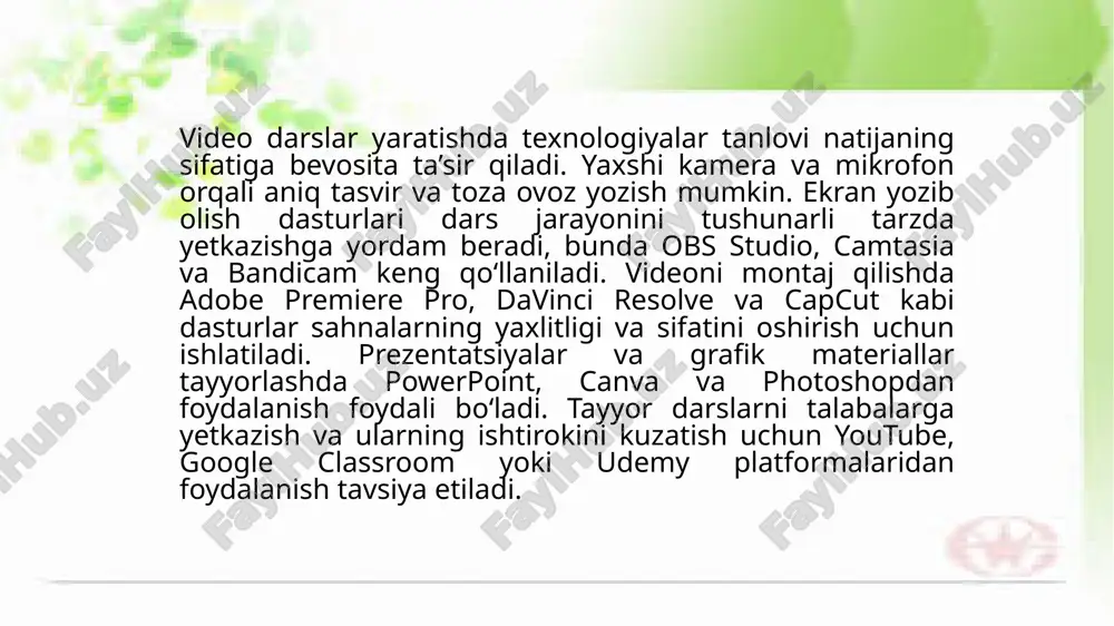uhokamalar o‘tkazish samarali. o‘quvchilarning fikr-mulohazalari video darslarni yaxshilash va keyingi darslar uchun qimmatli ma’lumotlar beradi. etiboringiz uchun rahmat! image1.jfif image2.jpeg image3.jpeg image4.jpeg image5.png