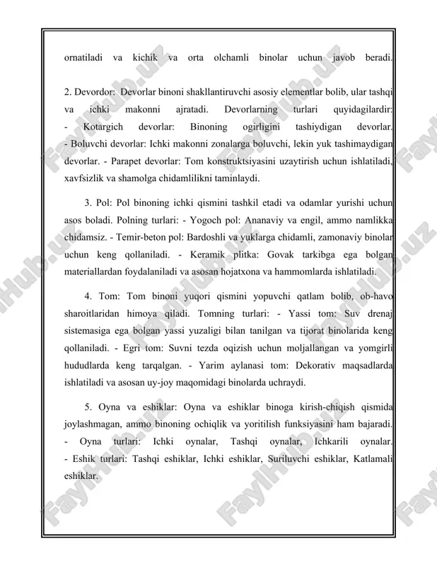 chiqarish quvvati 500 vt dan 2500 vt gacha. - isitish qozonlari: qozonlar odatda gaz, dizel yoki elektr energiyasi asosida ishlaydi. ilk quvvat 20 kvt dan 10 mvt gacha, binoning hajmi va issiqlik talabiga ko'ra o'rnatiladi. 3. kanalizatsiya tizimlari: - kanalizatsiya quvurlari: odatda polivinilxlorid (pvx) yoki polipropilen materiallaridan foydalaniladi. quvurlar diametri 110 mm dan 3000 mm gacha bo'lishi mumkin, tizimning o'lchami va oqava suv oqimi miqdoriga qarab. - nasos stansiyalari: oqova suvlarni ochiq joylardan olib ketish uchun qo'llaniladi. nasoslarning quvvati, oqim miqdoriga qarab, 1kvt dan 40 kvt gacha bo'lishi mumkin. 4. gaz taqsimoti tizimlari: - gaz quvurlari: odatda po'lat yoki polietilen materiallardan ishlab chiqariladi. quvurlar diametri 20 mm dan 1600 mm gacha turadi. - regulyatorlar: gaz bosimini ma'lum qiymatda ushlab turish uchun qo'llaniladi, odatda 16 mbar dan 100 mbar gacha. 5. havoni tozalash tizimlari: - ventilyatsiya tizimlari: binodagi havoni toza saqlash uchun mo'ljallangan. tizimda ishlatiladigan ventilyatorlar quvvati 0,1 kvt dan 5 …